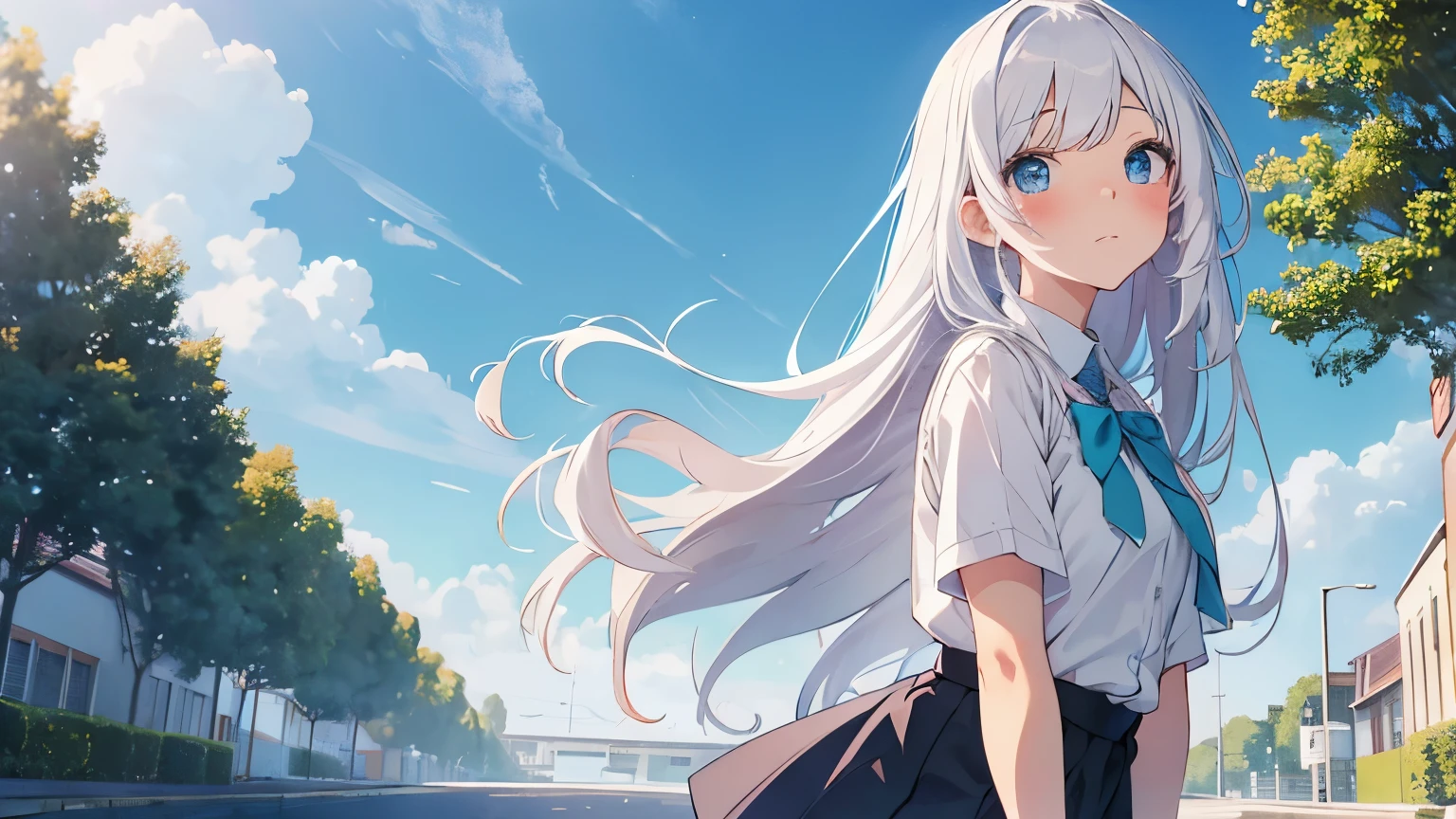 masterpiece, best quality, teen girl, white hair, long hair, princess hair, slim waist, school uniform, blushing hard, bright blue sky, school road, aqua eyes, shy expression, composition, perspective, flowers