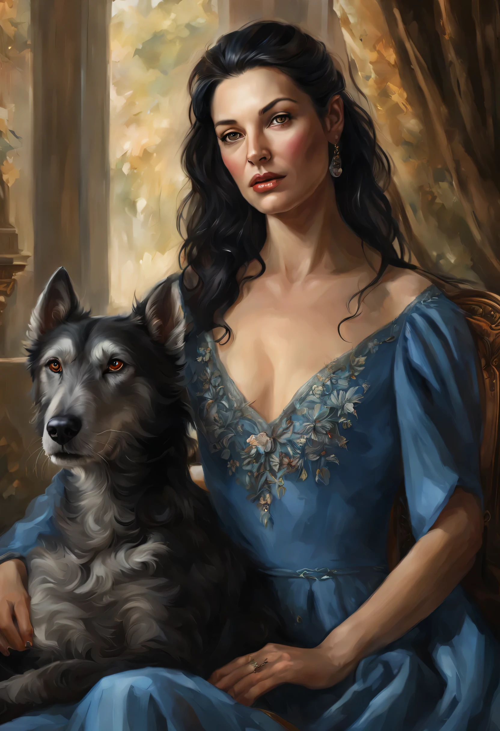Photorealistic portrait of a woman 50 years old., With lush breasts, short black hair, in a blue dress, sitting in the armchair, a huge wolfhound sits next to her, Vladimir Novak, Alexander Kucharsky, author Roman Bezpalkiv, masterpiece! Portrait of Arwen, elegant portrait, royal portrait painting, Digital painting, royal portrait, Vladimir Baranov-Rossin, Laszlo Balog, elegant Digital painting, Digital painting, Digital painting of Arwen.