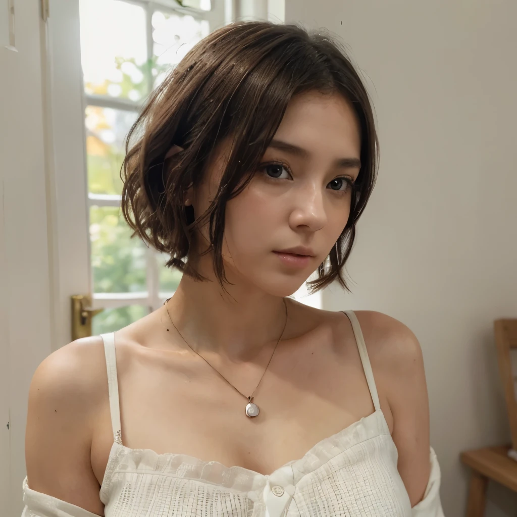 (top-quality、8K、32K、masterpiece、nffsw:1.2)、cute little女性の、large full breasts、very short bobbed hair、The upper part of the body、sface focus、Oversized_Sweaters、a necklace、simple background、From above、looking at the viewers、mix4、(8K、Raw photography、top-quality、masterpiece:1.2)、(realisitic、Photorealsitic:1.37)、1girl in、cute little、profetional lighting、photon maping、physically-based renderingt、Gradient Brunette Hair、short curly hair、a handsome、Girly、superior image quality、hight resolution、1080p、(Clear face)、(Detailed face description)、(Detailed hand description)、(masuter piece)、(Exquisite CG)、 extreme light and shadows、hair messy、masterpiece、lush detail、(Exquisite facial features)、(The highest image quality)、(masterpiece)、(A detailed eye)、Looking forward to your eyes、Delicate collarbones、Poses variadas、dong'don't watch the mela、profile、white walls、Taken in front of the white door、(窓のあるwhite wallsの部屋)、Autumn clothes、Winter clothes、シンプルa necklace