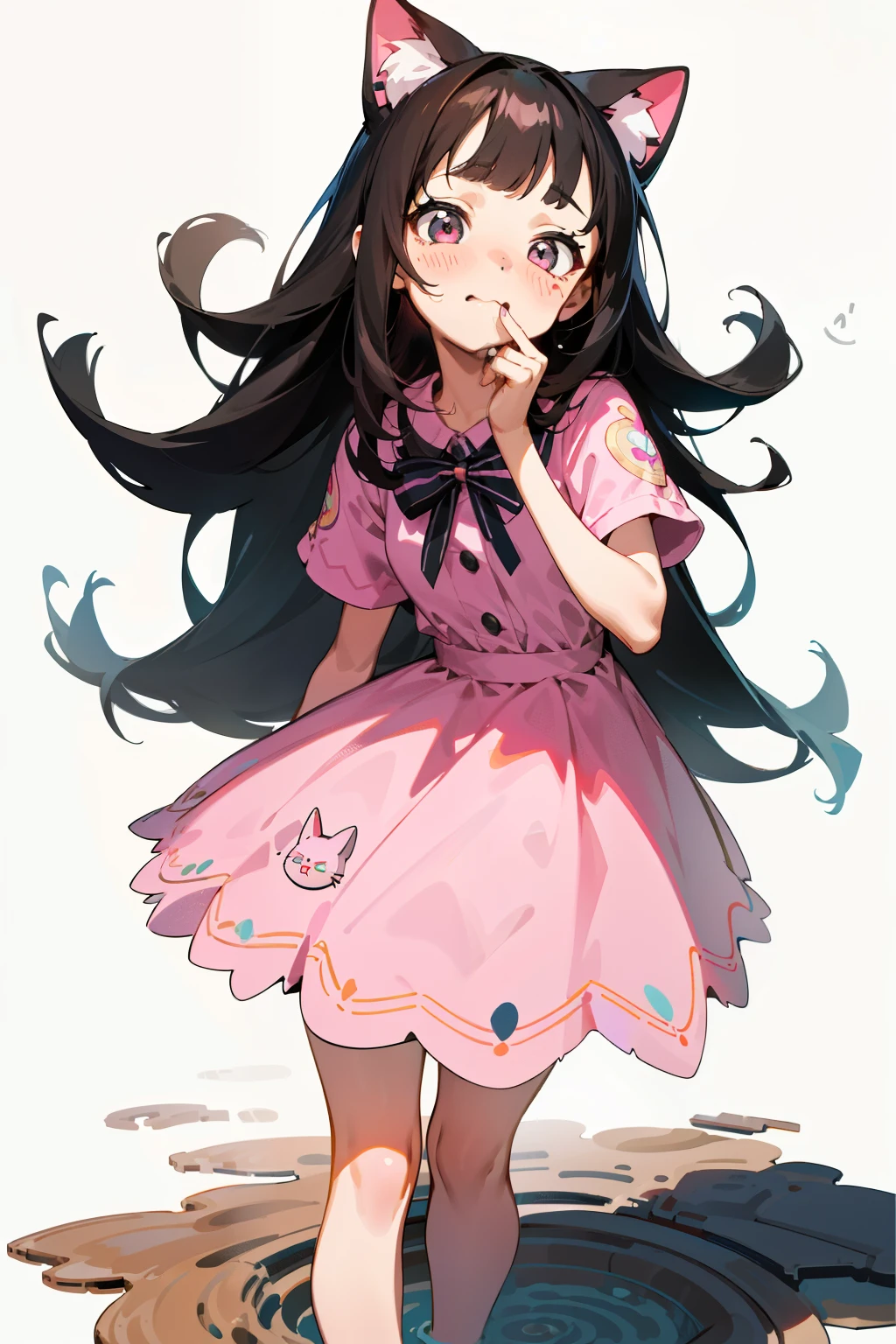 One girl with adorable realcat stickers in her long, dark hair stands embarrassed in front of a white background. With her pink dress and blushing cheeks, she tries to keep her mouth shut as she contours her body to hide an unexpected accident - a small puddle forming on the ground beneath her mini skirt. The vector art style adds intricate details to her fine skin and expressive kawaii facial features. Despite the awkward situation, her  frame exudes a quiet cuteness that is impossible to ignore.