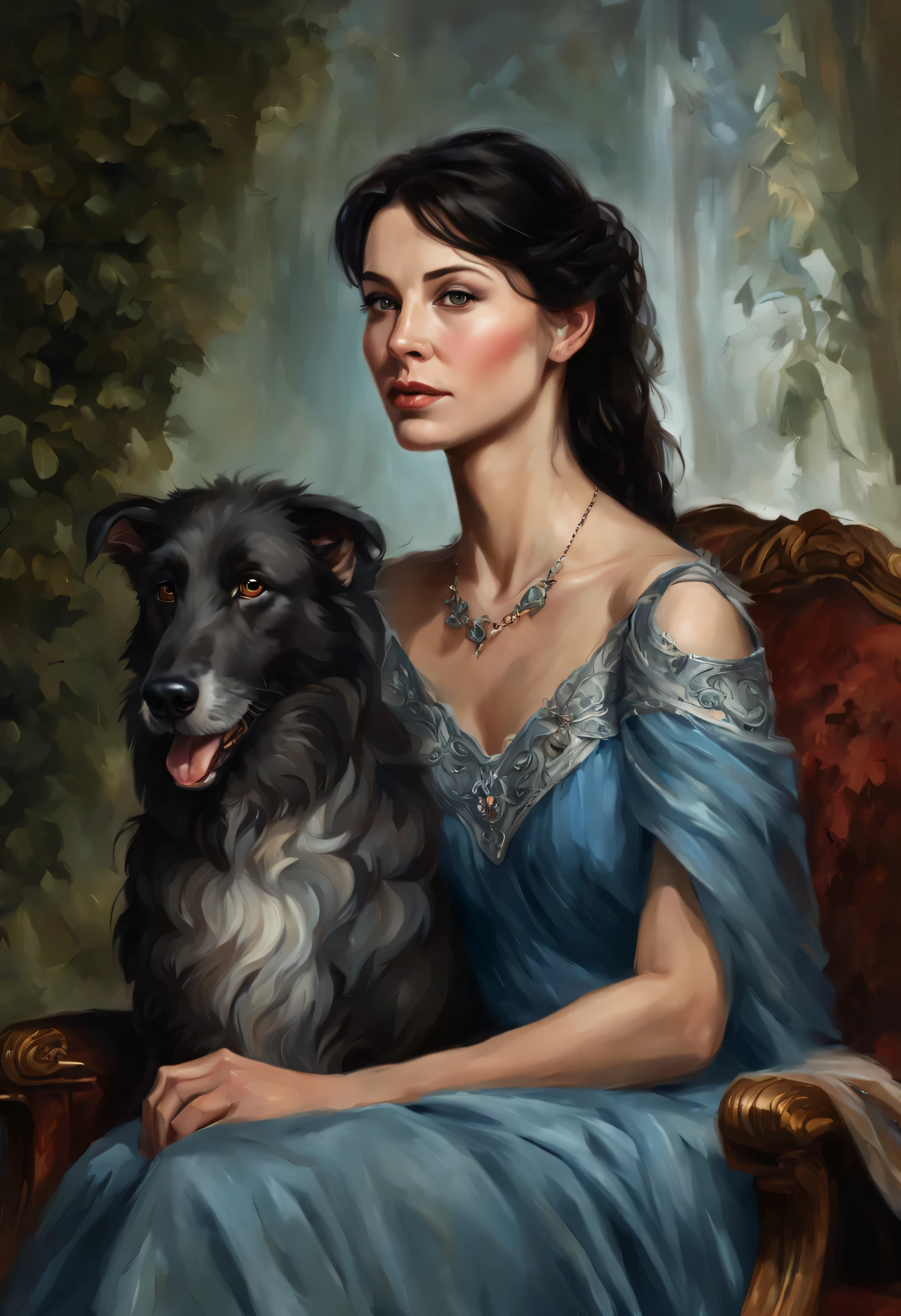 Photorealistic portrait of a woman 50 years old., With lush breasts, short black hair, in a blue dress, sitting in the armchair, a huge wolfhound sits next to her, Vladimir Novak, Alexander Kucharsky, author Roman Bezpalkiv, masterpiece! Portrait of Arwen, elegant portrait, royal portrait painting, Digital painting, royal portrait, Vladimir Baranov-Rossin, Laszlo Balog, elegant Digital painting, Digital painting, Digital painting of Arwen.