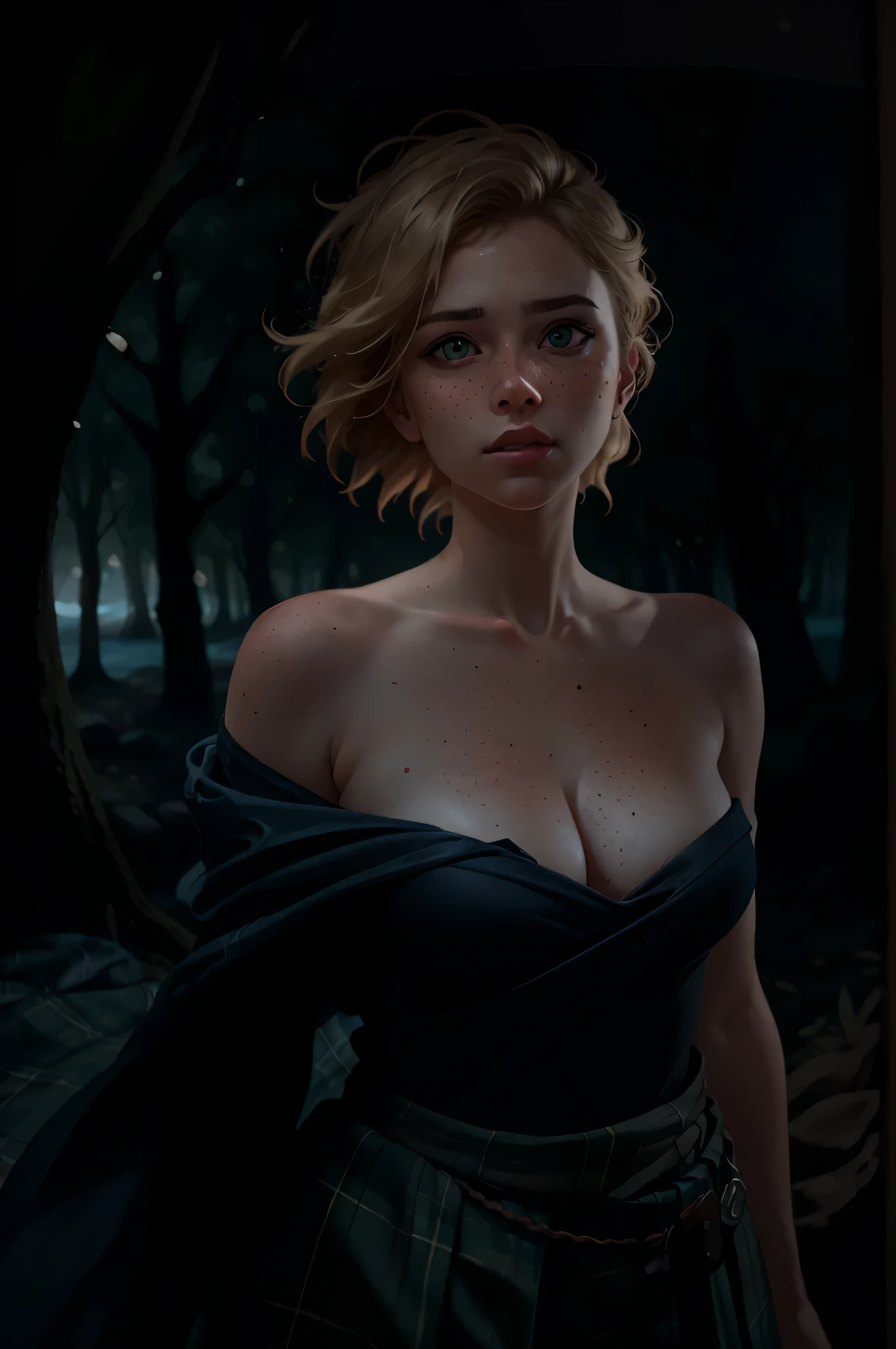 deep shadow, sinister, award winning photo, best quality, masterpiece, upper body, woman, freckled face, windblown blonde hair, emerald eyes, modern strapless dress  by Jeremy Lipking, by Antonio J. Manzanedo, by lee jeffries nikon d850 film stock photograph 4 kodak portra 400 camera f1.6 lens rich colors hyper realistic lifelike texture dramatic lighting unreal engine trending on artstation cinestill 800, fisheye lens, Style-Kilt, windy beach, scottish loch, forest