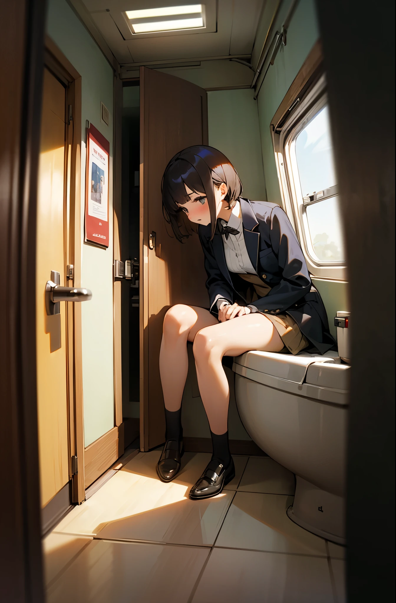 (1 sitting woman).toilet.toilet compartment.from the outside.Surprised.blushed.White interior.hallway.open the toilet compartment door.Hotel.train hallway.masutepiece.High quality.(1 sitting woman).toilet.toilet compartment.(from the outside).Surprised.blushed.White interior.hallway.open the toilet compartment door.Hotel.train hallway.Spread legs.Open door