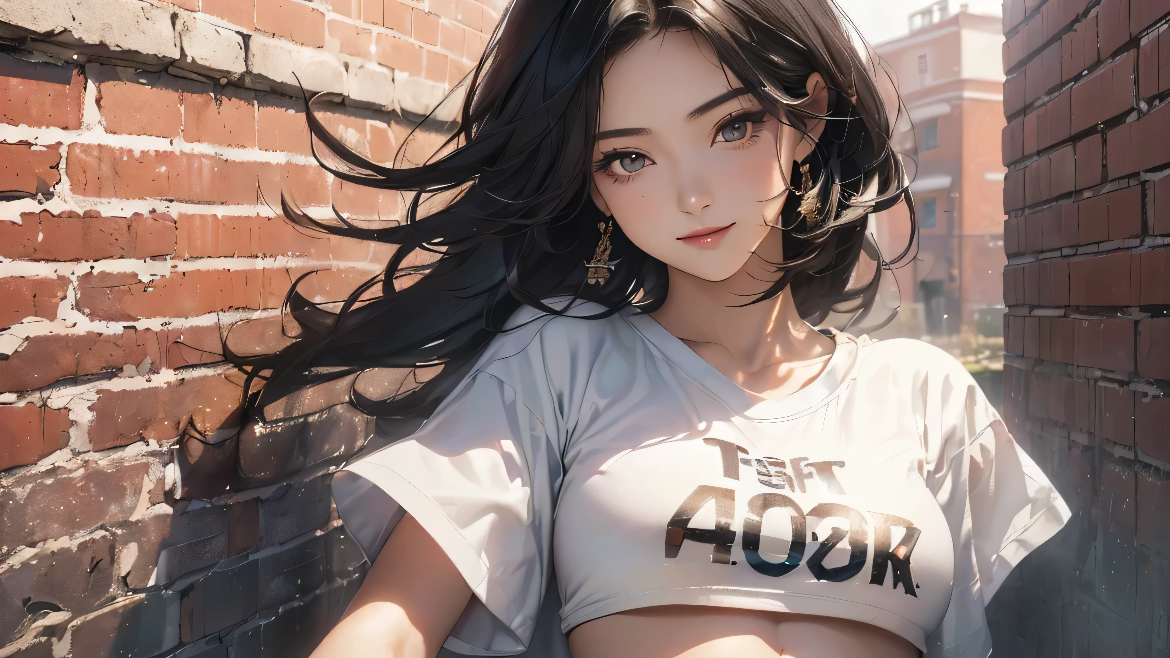 (((Highly detailed CG unit 8k wallpaper:1.2, masterpiece, High resolution:1.2, highest quality:1.2, table top))), ((Very beautiful 20 year old woman, bust 80, Short T-shirt that shows your belly button:1.5)), ((highly detailed face, Highly detailed black eyes, extra detailed body, highest qualityのリアルテクスチャスキン)), (black haired:1.2, short bob hair:1.2, long haired person, white skin, smile), ((Alley without people, Mileland, surrounded by a brick wall:1.2)), (high angle:1.2, close, Fisheye:1.2), surreal, digital paint,