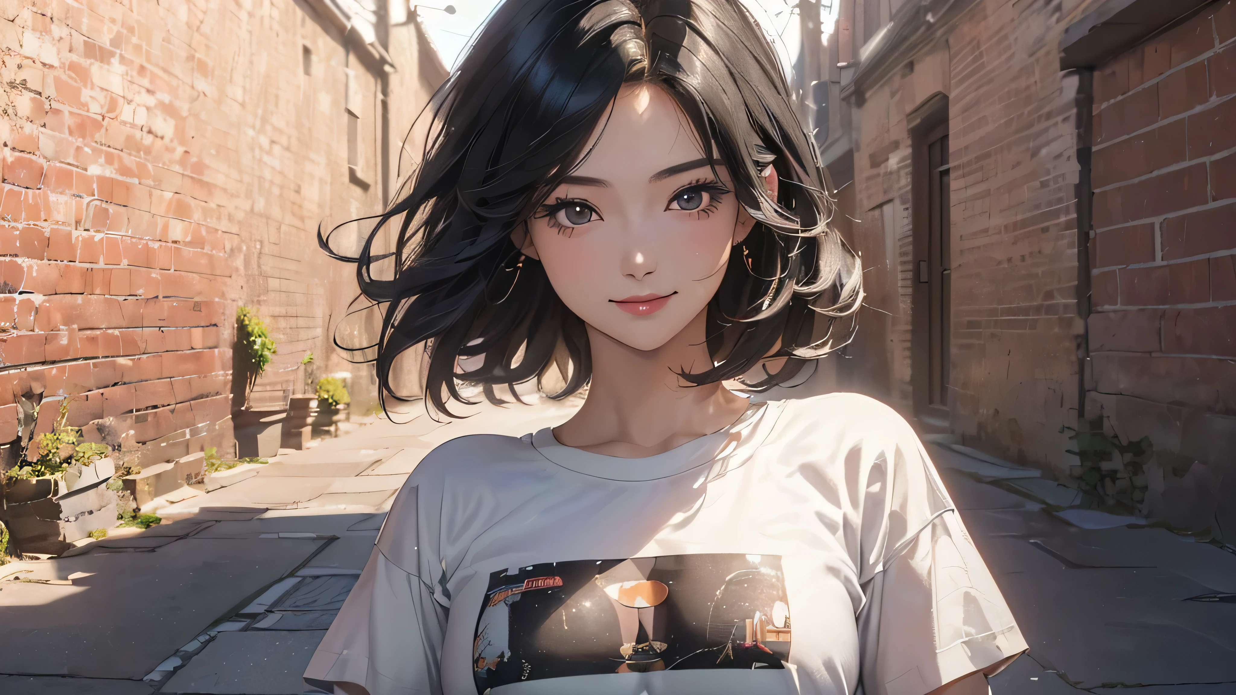 (((Highly detailed CG unit 8k wallpaper:1.2, masterpiece, High resolution:1.2, highest quality:1.2, table top))), ((Very beautiful 20 year old woman, bust 80, Short T-shirt that shows your belly button:1.5)), ((highly detailed face, Highly detailed black eyes, extra detailed body, highest qualityのリアルテクスチャスキン)), (black haired:1.2, short bob hair:1.2, long haired person, white skin, smile), ((Alley without people, Mileland, surrounded by a brick wall:1.2)), (high angle:1.2, close, Fisheye:1.2), surreal, digital paint,