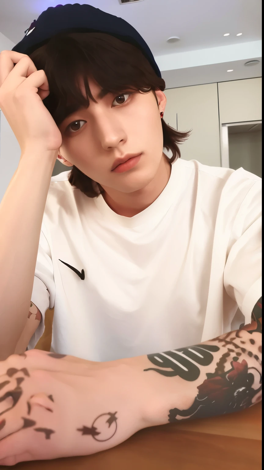 hay un hombre con tatuajes en el brazo sentado en una mesa, cai xukun, jungkook, Jinyoung Shin, pintar ulzzang, Jinyoung Shin aesthetic, pale korean adorable face, inspirado en Bian Shoumin, inspirado en Kun Can, handsome japanese demon boy, ulzzang, Metaverso medio, kanliu666
