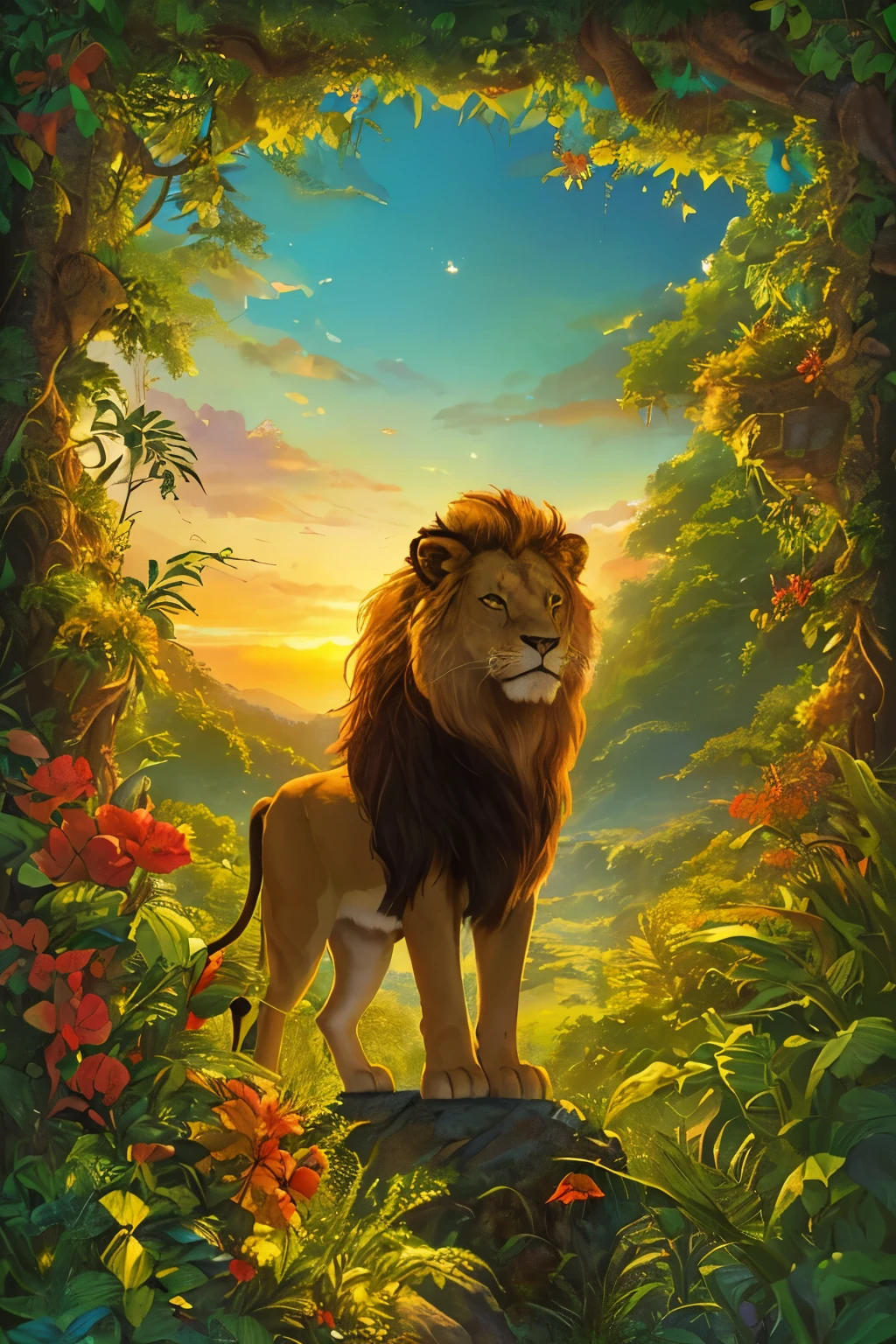 (Masterpiece, top quality, best quality, official art, beautiful and aesthetic: 1.6), (One majestic lion), Forest scene, Disney Pixar animation, 16:9 ratio, Extreme detailed, Colorful, Highest detailed, Official art, Unity 8k wallpaper, Ultra detailed, Beautiful and aesthetic, Realistic, (Pride Rock in the background), Serene expression, Detailed mane, Rustic textures, Sharp features, Expression of power and royalty, Whimsical, Magic realism, Jungle foliage, Vibrant sunset, Striking contrast, Realization of Disney's classic icon, Lion king tribute.