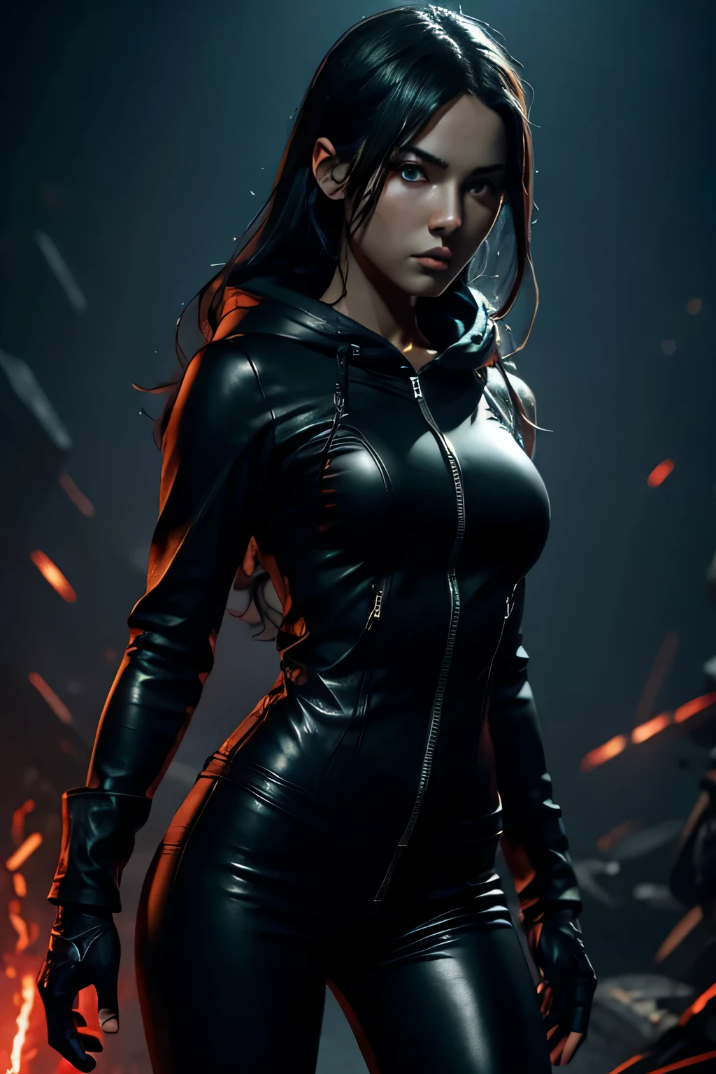 a close up of a woman in a leather outfit, red glowing eyes, evil girl in a black leather army suit, , female, angry gorgeous goddess, seductive dark fantasy, girl, badass 8 k, 3 d render character art 8 k, beautiful girl, digital art, alena aenami and artgerm, jet black haired girl, girl in hoodie