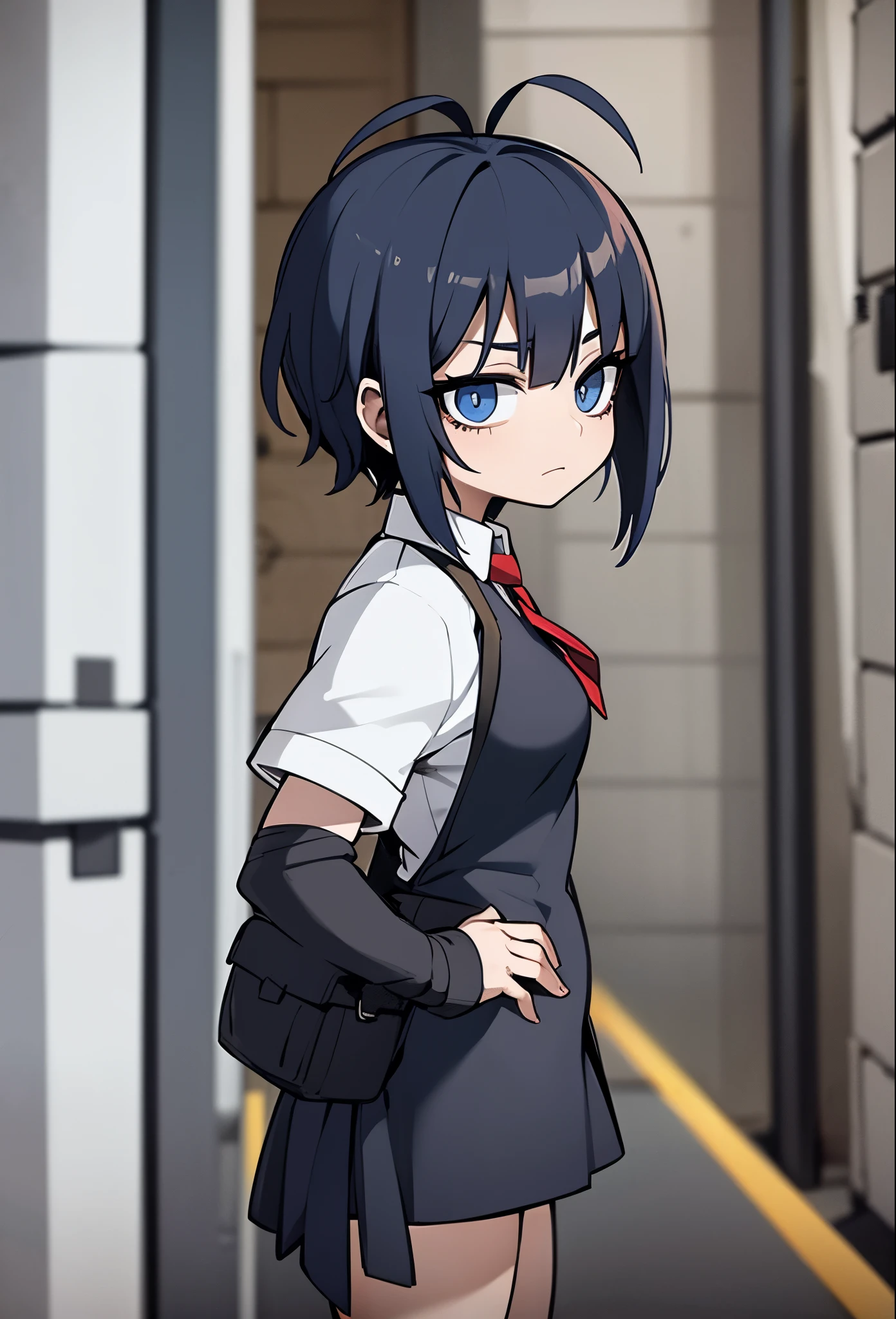 Anime image Anime girl, rude expression, short dark blue hair, wears a  uniform, is in an alley, has bandaged wrists on her hands 