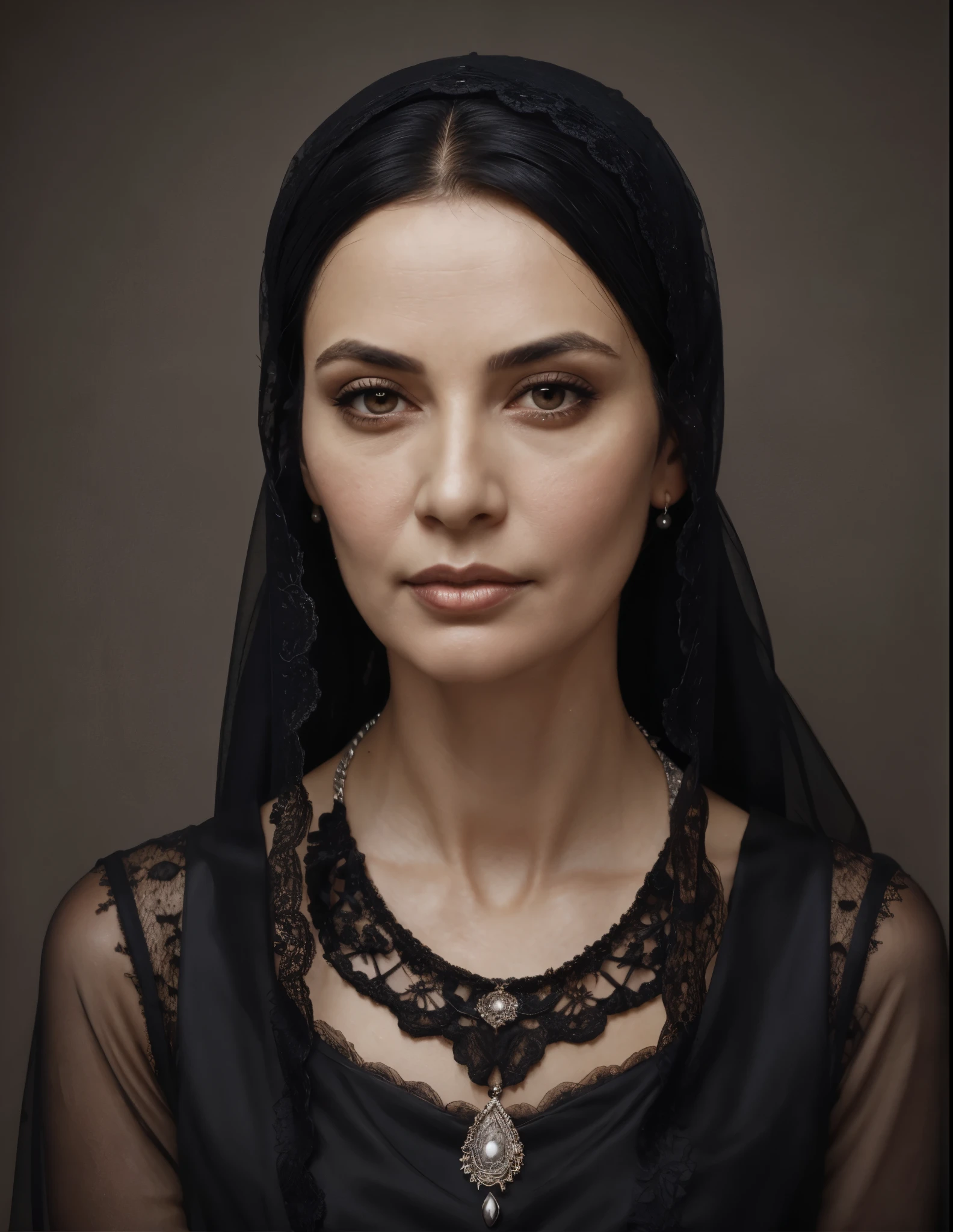 portrait of a ugly woman aged 43, pensive face, black lace veil on her head, black hair combed smoothly, brown eyes, modest silver necklace, black lace dress, dark background, raytracing, masterpiece, photorealistic