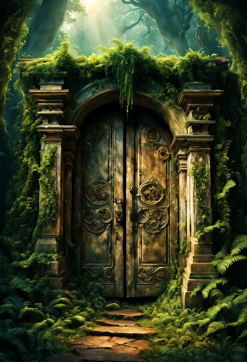 An abandoned, mystical door to another world, (best quality,4k,8k,highres,masterpiece:1.2), ultra-detailed, (realistic,photorealistic,photo-realistic:1.37), ancient doorway, mysterious portal, decrepit entrance, weathered wood, worn-out hinges, intricate carvings, enchanted threshold, overgrown vines, eerie atmosphere, shimmering light, mystical aura, faint whispers, ethereal realm, parallel dimension, forgotten passage, hidden gateway, otherworldly journey, curious explorer, magical realm, surreal landscapes, fantastical creatures, lost treasures, endless possibilities, ancient civilization, bewitching power, unknown adventures, time and space distortion, sense of wonder, transcendent experience, vibrant colors, sublime beauty, surrealistic masterpiece, hauntingly beautiful, dreamlike atmosphere.