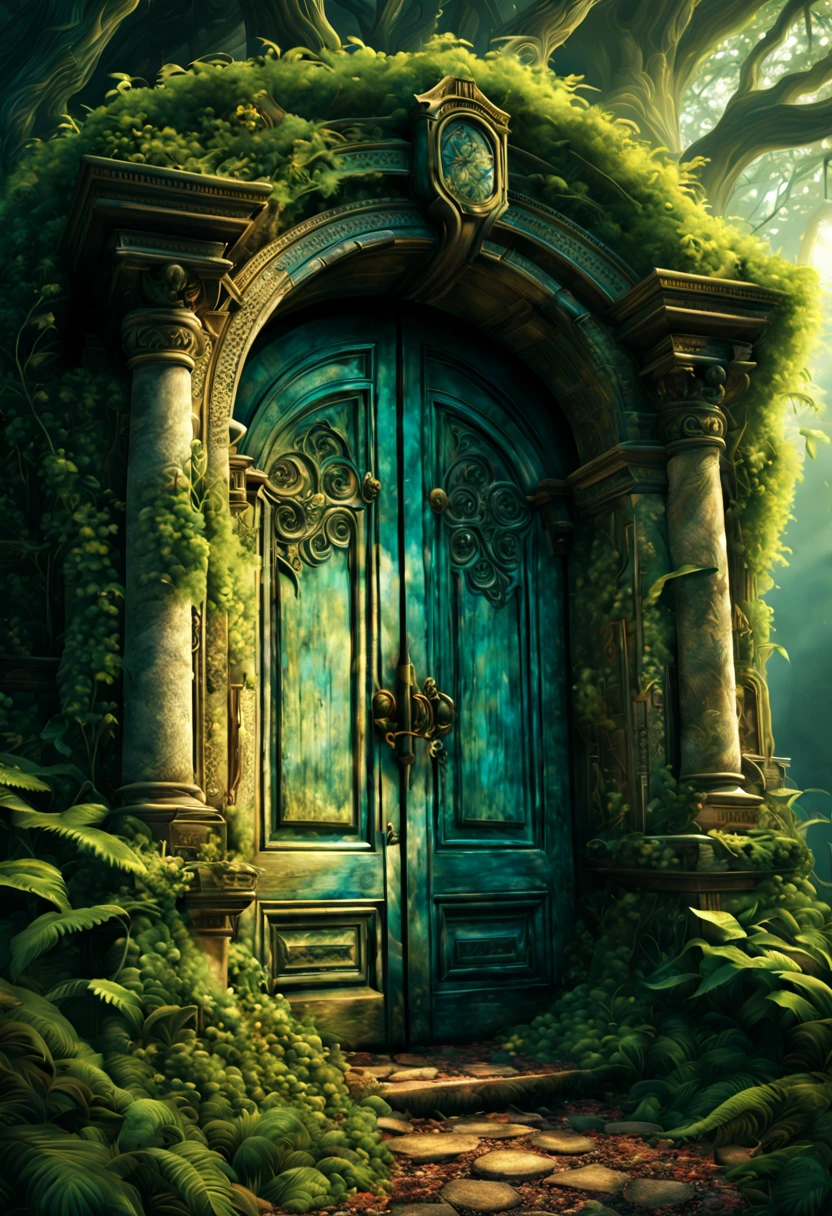 An abandoned, mystical door to another world, (best quality,4k,8k,highres,masterpiece:1.2), ultra-detailed, (realistic,photorealistic,photo-realistic:1.37), ancient doorway, mysterious portal, decrepit entrance, weathered wood, worn-out hinges, intricate carvings, enchanted threshold, overgrown vines, eerie atmosphere, shimmering light, mystical aura, faint whispers, ethereal realm, parallel dimension, forgotten passage, hidden gateway, otherworldly journey, curious explorer, magical realm, surreal landscapes, fantastical creatures, lost treasures, endless possibilities, ancient civilization, bewitching power, unknown adventures, time and space distortion, sense of wonder, transcendent experience, vibrant colors, sublime beauty, surrealistic masterpiece, hauntingly beautiful, dreamlike atmosphere.