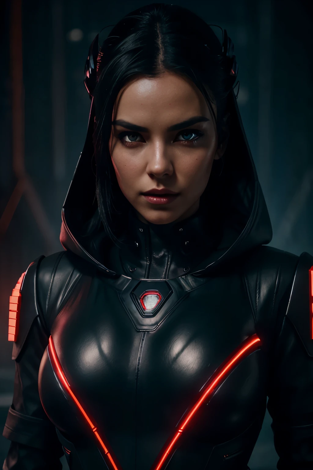 a close up of a woman in a leather outfit with red lights, red glowing eyes, evil girl in a futuristic leather army suit, , female Futuristic girl, Futuristic angry gorgeous goddess, seductive Futuristic dark fantasy, Futuristic girl, badass 8 k, 3 d render character art 8 k, Futuristic beautiful girl, digital Futuristic art, alena aenami and artgerm, jet black haired Futuristic girl, Futuristic girl in hoodie, cinematic lighting, heavily lighted, no background