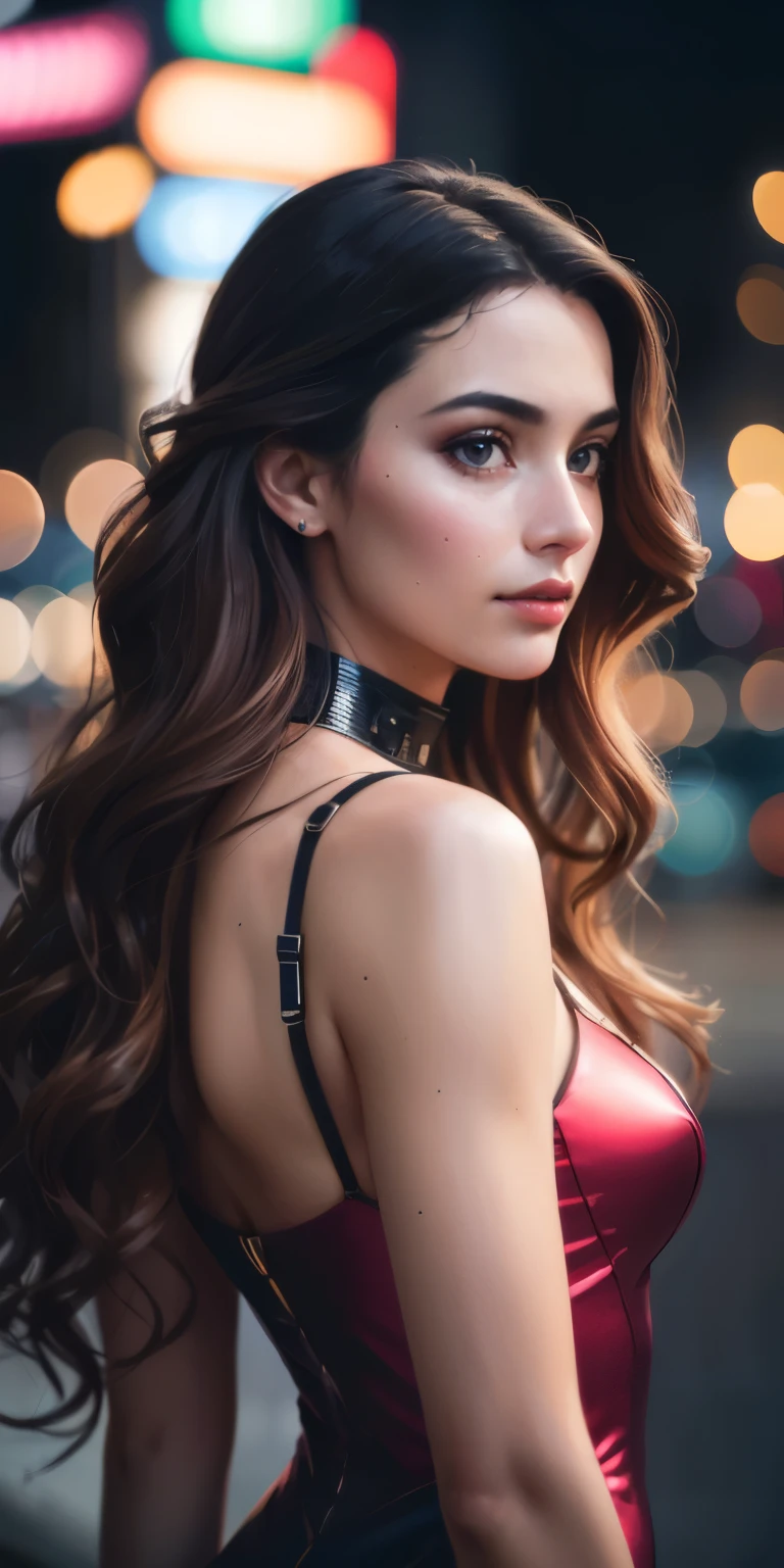 Full face portrait photo of a 25-year-old European girl, RAW, beautiful woman, semi-open strawberry lips, dimples, wistful look, (extra long wavy brown hair), ((detailed face)), ((detailed facial features)), (finely detailed skin), pale skin, (deep neckline detailed high-tech cyberpunk dress), cyberpunk megacity environment, (cool colors), damp, damp, reflections, (masterpiece) (perfect proportion)(realistic photo)(best quality) (detailed) shot on a Canon EOS R5, 50mm lens, F/2.8, HDR, (8k) (wallpaper) (cinematic lighting) (dramatic lighting) (sharp focus) (intricate),RAW photo, gigachad photo, posing for camera, 8k uhd, dslr, high quality, grain film, Fujifilm XT3