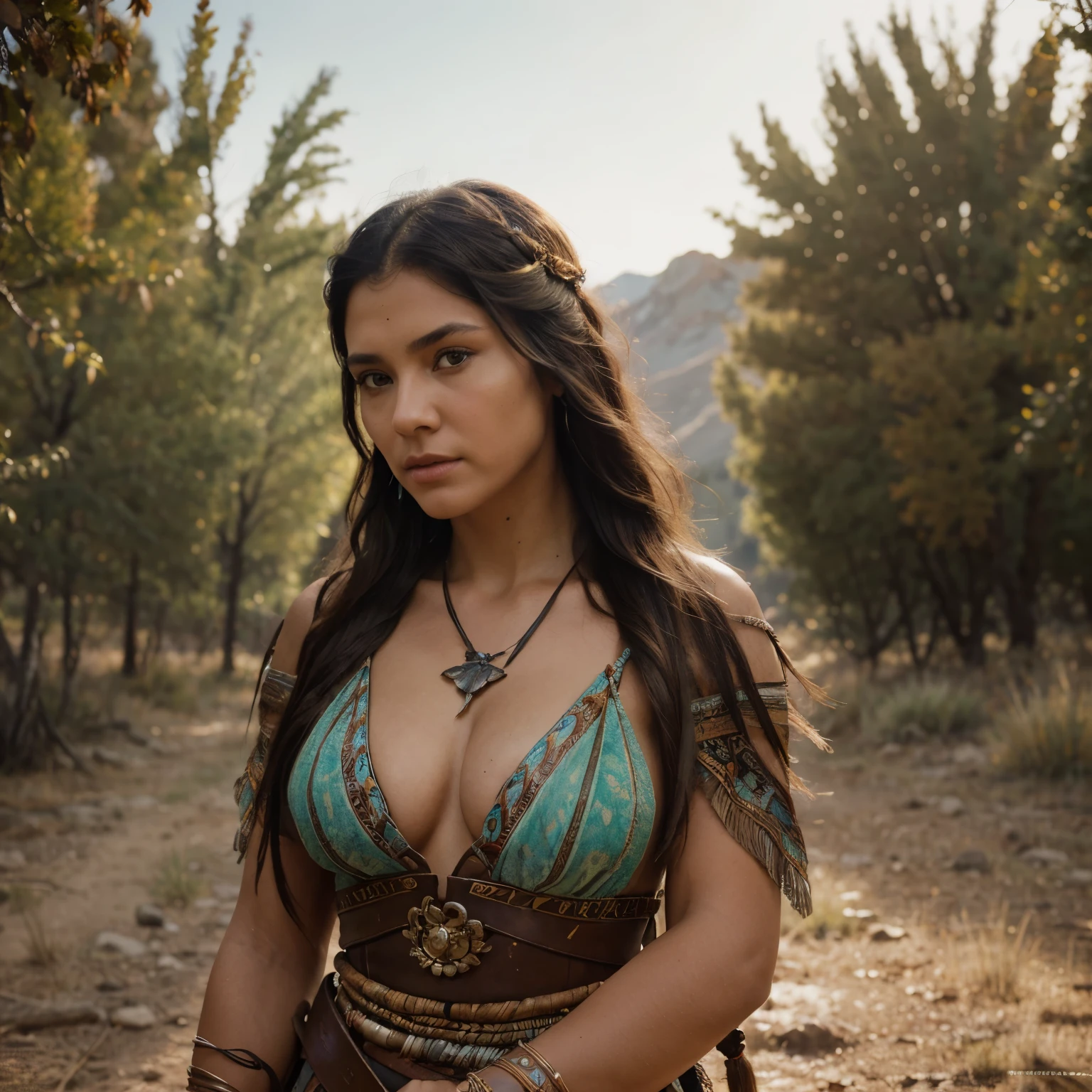 portrait photograph of Marie Avgeroupolus  as Pocahontas, young beautiful native american woman, perfect symmetrical face, indigenes feather jewelry, traditional handmade dress, armed female hunter warrior, (((wild west))) environment, Utah landscape, ultra realistic, concept art, elegant, ((intricate)), ((highly detailed)), depth of field, ((professionally color graded)), soft ambient lighting, dusk, 8k, art by artgerm and greg rutkowski and alphonse mucha