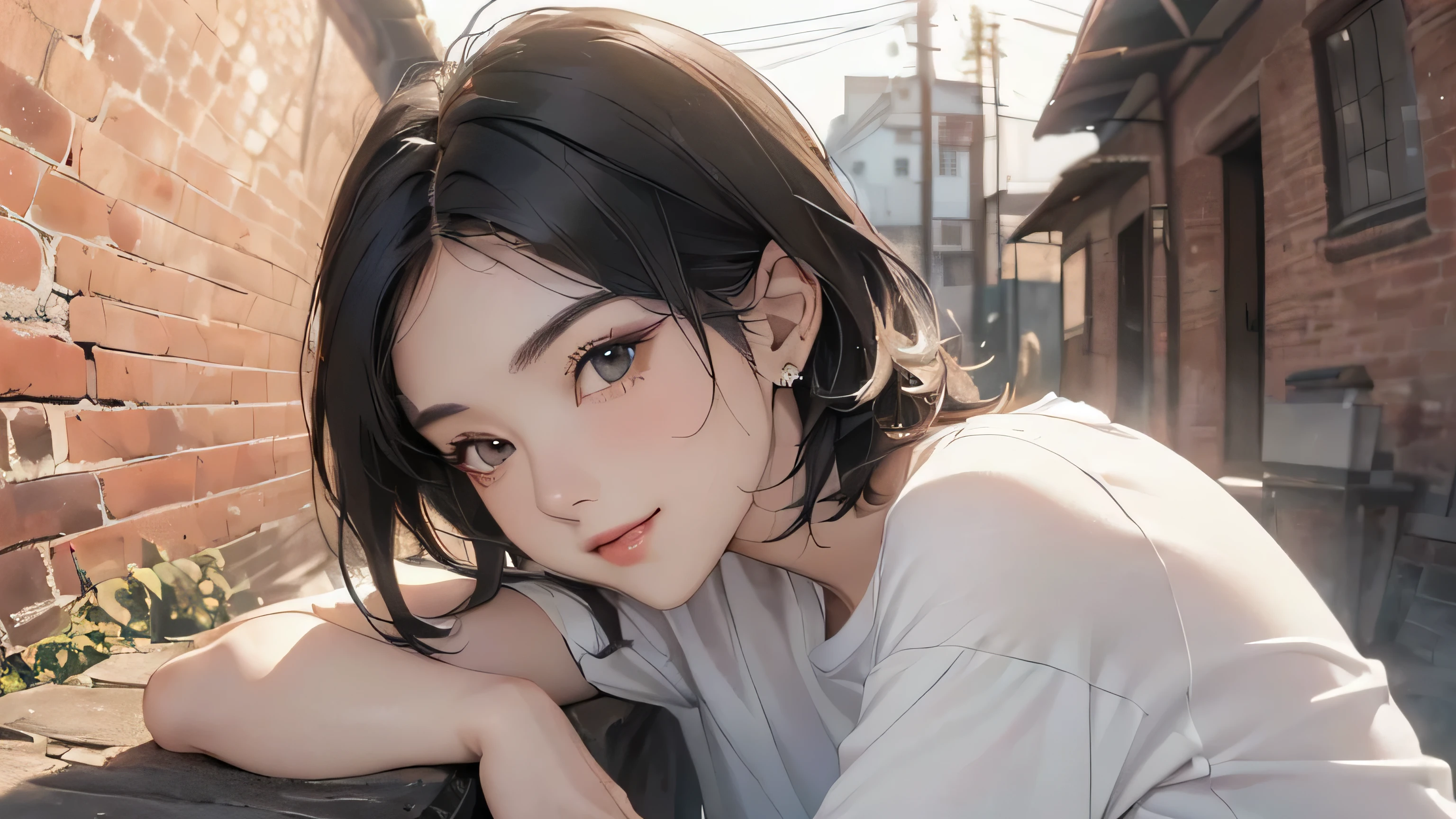 (((Highly detailed CG unit 8k wallpaper:1.2, masterpiece, High resolution:1.2, highest quality:1.2, table top))), ((very beautiful woman, A stylish thin white T-shirt:1.5)), ((highly detailed face, Highly detailed black eyes, extra detailed body, highest qualityのリアルテクスチャスキン)), (black haired:1.2, short bob hair:1.2, long haired person, white skin, smile), ((Alley without people, Mileland, surrounded by a brick wall:1.2)), (high angle:1.2, close, Fisheye:1.4), surreal, digital paint,