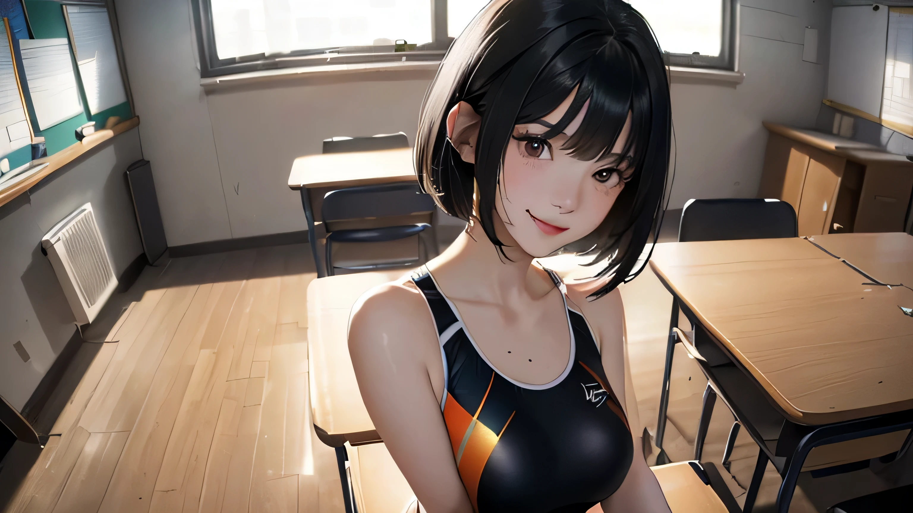 (((Highly detailed CG unit 8k wallpaper:1.2, masterpiece, High resolution:1.2, highest quality:1.2, table top))), ((very beautiful woman, Competitive swimsuit that shows off your toned style:1.5)), ((highly detailed face, Highly detailed black eyes, extra detailed body, highest qualityのリアルテクスチャスキン)), (black haired:1.2, short bob hair:1.2, white skin, smile), ((Alley without people, Mileland, school classroom:1.2)), (high angle:1.2, close, Fisheye:1.1), surreal, digital paint,
