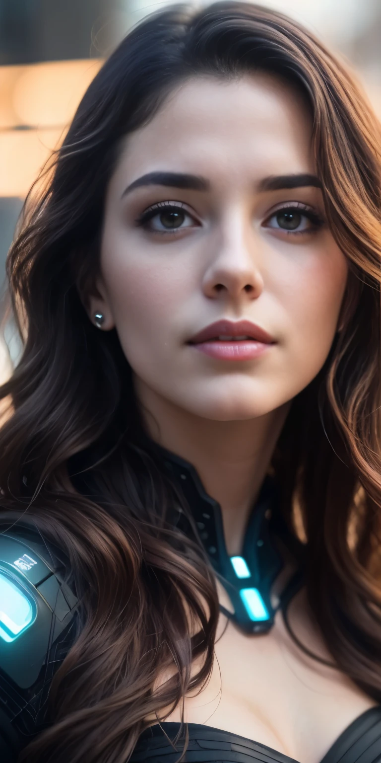 Full face portrait photo of a 25-year-old European girl, RAW, beautiful woman, semi-open strawberry lips, dimples, wistful look, (extra long wavy brown hair), ((detailed face)), ((detailed facial features)), (finely detailed skin), pale skin, (deep neckline detailed high-tech cyberpunk dress), cyberpunk megacity environment, (cool colors), damp, damp, reflections, (masterpiece) (perfect proportion)(realistic photo)(best quality)  (detailed) shot on a Canon EOS R5, 50mm lens, F/2.8, HDR, (8k) (wallpaper) (cinematic lighting) (dramatic lighting) (sharp focus) (intricate),RAW photo, gigachad photo, posing for camera, 8k uhd, dslr, high quality, grain film, Fujifilm XT3