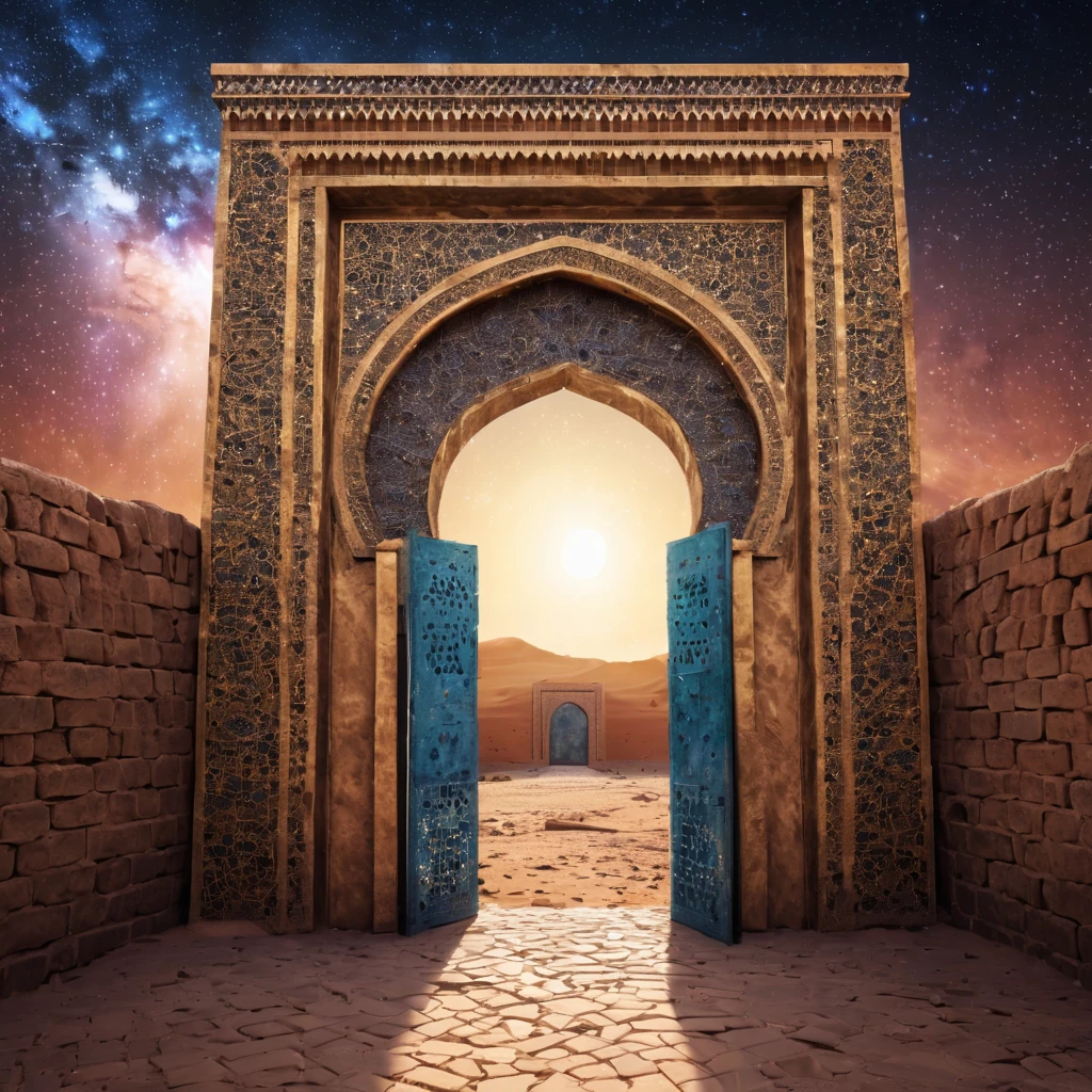 forgotten gateway of time and space, morocco, magical, starry sky, magical flashes coming from the gateway of the future and the past, ancestral morocco, technological, 3d crackle, we can see the a sunny day through the ancestral gateway,