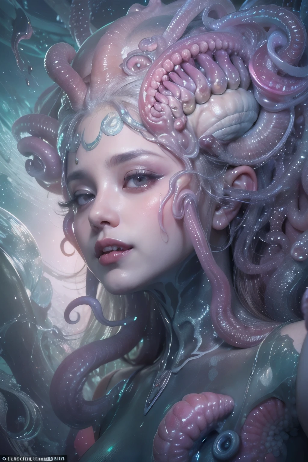 (A portrait of one beautiful and obscene female alien in the water of the deep sea, who is a young teenager:1.4), ((There is a female genital-like organ in the middle of her forehead:1.8)), (realistic face:1.2), (Numerous award-winning masterpieces, with incredible detail, textures and maximum detail), artistic photography, midnight aura, unreal engine 5, Ultra Sharp Focus, art by Amano Yoshitaka, ArtGerm, Roisch, intricate artwork, ultra realistic realism, high resolution, High freshness, drawing faithfully, official art, Unity 8K Wall paper, ultra detailed artistic photography, dream-like, Creation of fantasy, dream Snail, (biopunk nautilus:1.3),Thrilling color schemes, seductively smiling, Amazing mutation, well-proportioned body, goddess of the deep sea, fractal, Geometric pattern, impossible figures, (translucent white tentacles with luminescent organs:1.4), subtle emerald green accents, (smiling seductively:1.3),(She has the most beautiful face in the history of the universe:1.5), Penelope Cruz, (she is looking down at viewers with glowing iridescent eyes with no pupils:1.3), an evil gaze that seduces, cinematic lighting, (Vampire-like long canine teeth can be glimpsed through the gap between the cute lips:1.3), in the hall of the palace, Sweet breath is exhaling from beautiful lips, ecstatic expression