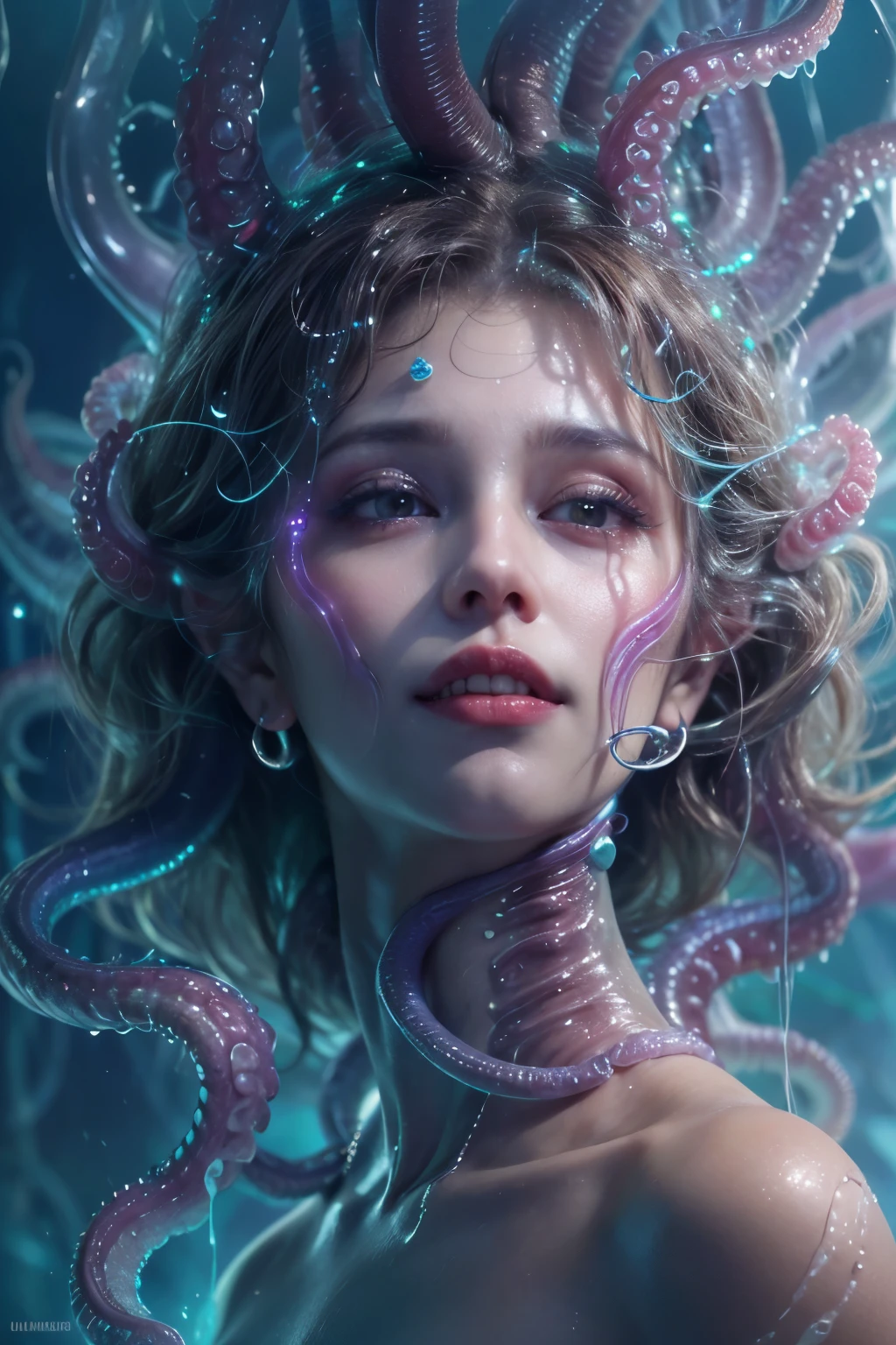 (A portrait of one beautiful and obscene female alien in the water of the deep sea, who is a young teenager:1.4), ((There is a female genital-like organ in the middle of her forehead:1.8)), (realistic face:1.2), (Numerous award-winning masterpieces, with incredible detail, textures and maximum detail), artistic photography, midnight aura, unreal engine 5, Ultra Sharp Focus, art by Amano Yoshitaka, ArtGerm, Roisch, intricate artwork, ultra realistic realism, high resolution, High freshness, drawing faithfully, official art, Unity 8K Wall paper, ultra detailed artistic photography, dream-like, Creation of fantasy, dream Snail, (biopunk nautilus:1.3),Thrilling color schemes, seductively smiling, Amazing mutation, well-proportioned body, goddess of the deep sea, fractal, Geometric pattern, impossible figures, (translucent white tentacles with luminescent organs:1.4), subtle emerald green accents, (smiling seductively:1.3),(She has the most beautiful face in the history of the universe:1.5), Penelope Cruz, (she is looking down at viewers with glowing iridescent eyes with no pupils:1.3), an evil gaze that seduces, cinematic lighting, (Vampire-like long canine teeth can be glimpsed through the gap between the cute lips:1.3), in the hall of the palace, Sweet breath is exhaling from beautiful lips, ecstatic expression