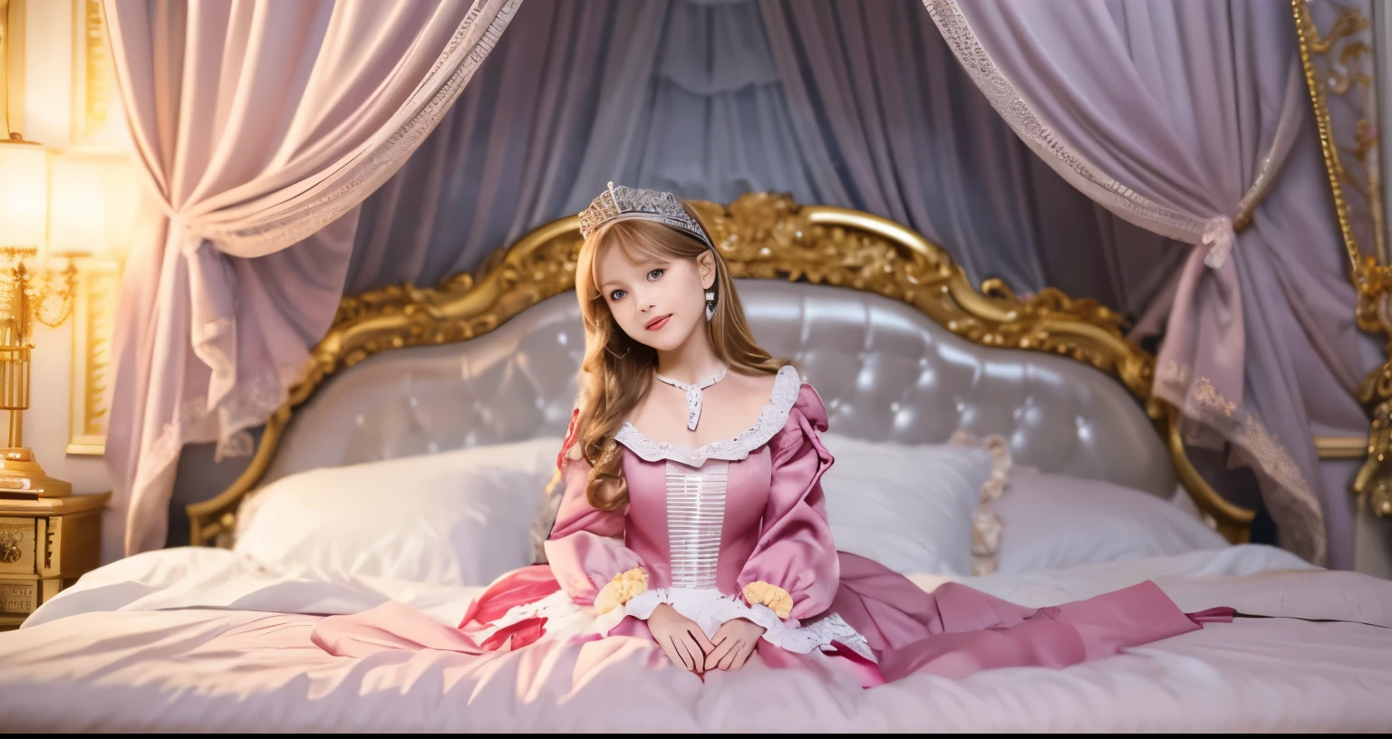 ,highest quality, masterpiece, highest resolution, artwork, super それにget used to it, many get used to it, get used to it, それにget used to it, 3K realistic photos,,(( When I was 10 years old)),Super detailed baby face,She is a princess,Full length ball gown dress with hoop skirt,ruffled yoke collar,puff sleeves,long sleeve,((Lolita style hot pink detailed princess satin dress、Comes with lots of frills and ribbons。)),colorful rococo fashion,shiny satin dress,Soft and smooth fabric,luxury,long blonde hair,blue eyes,white skin european,pajamas,((inside the palace)),,,(( When I was 10 years old)),Super detailed baby face,Full length ball gown dress with hoop skirt,long skirt,ruffled yoke collar,puff sleeves,腰まで伸びるlong blonde hair,blue eyes,white skin european,pajamas,((inside the palace bedroom)),ピンクのシルクサテンのluxuryなcanopy bedの上,canopy bed,luxurious curtains under the canopy,many frilly pillows on the bed,super detailed background,Detailed bed,silk satin bed sheets,soft silk satin comforter,Soft silk satin ruffled pillow in pastel colors,romantic atmosphere,little princess is sitting on the bed,Don'Don't put your feet out to the side,Beautiful girl illustration,detailed beautiful face detailed hair,detailed human eye ,detailed mouth, arm details,fine hands,Detailed pillow,