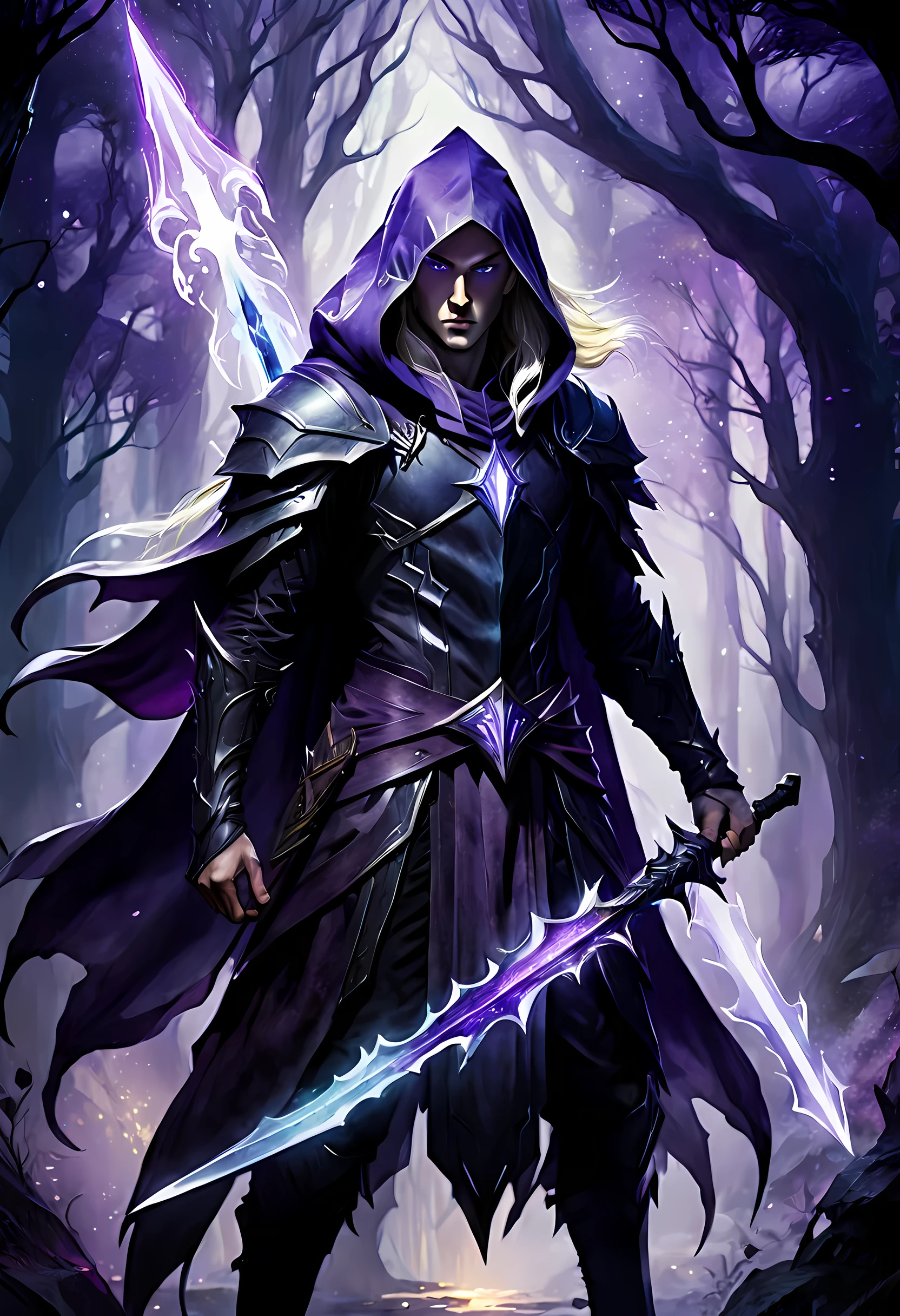 Ultra detailed watercolor painting of a dark and brooding elven male Hexblade creature with light hair, hooded, wielding a purple glowing glaive, standing in shadows, dynamic pose, anime style, dimly lit fantasy realm environment, mid shot, rule of thirds depth of field intricate details, concept art, subtle colors, fantastical realm, extremely detailed, ultra sharp focus, light particles, attention to detail, grandeur and awe, cinematic, stunning visual masterpiece, double exposure, 8k strong outlines, cinematographic scene, 