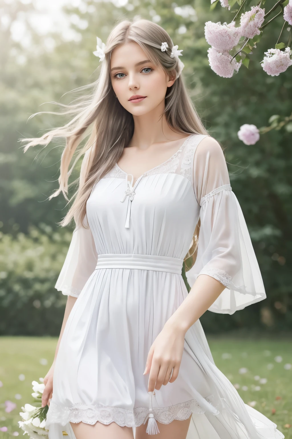 beautiful little medieval russian princess girl 13 year old, long blonde wavy hair, transparent white dress, sittin o the stairs.