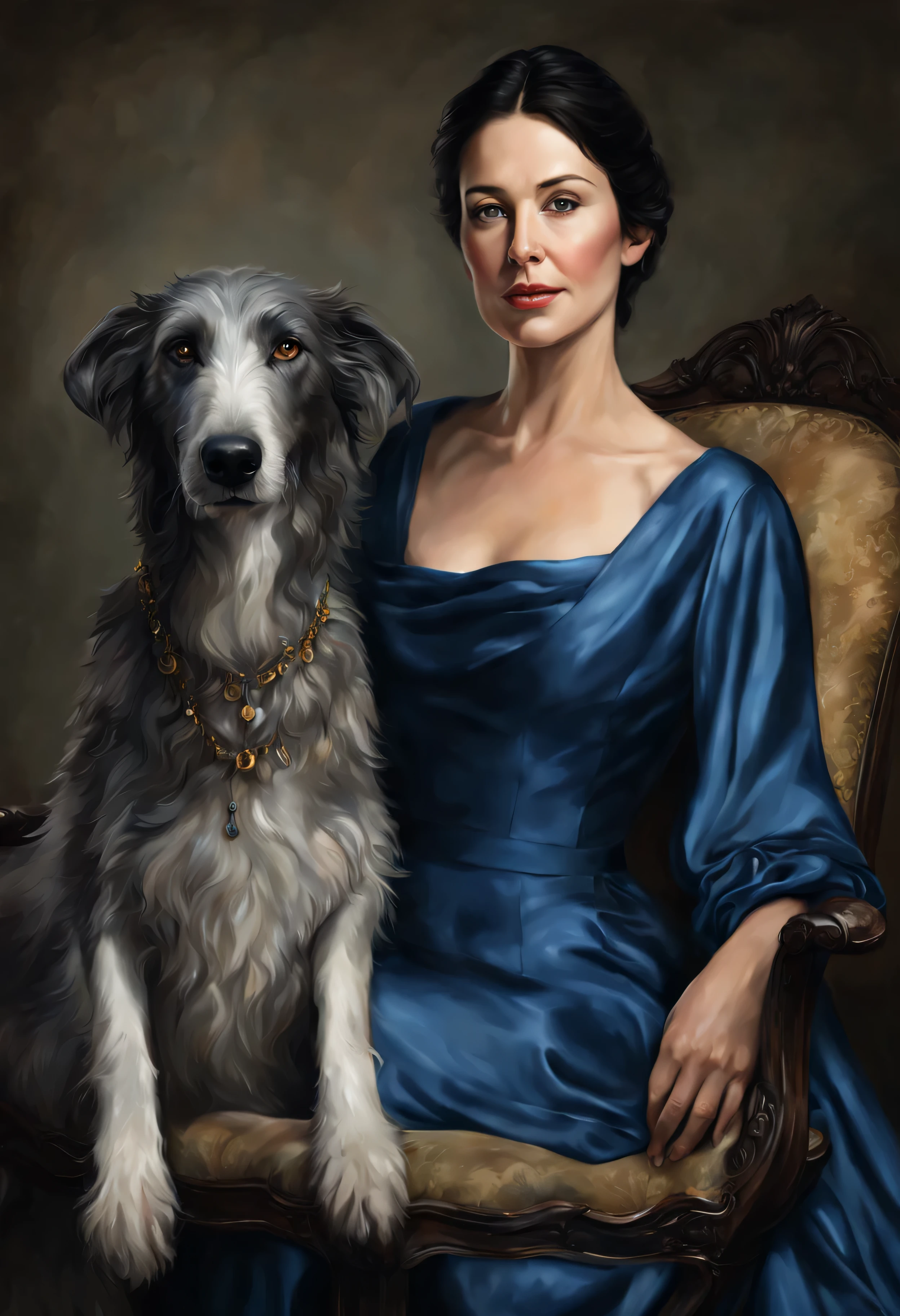 Photorealistic portrait of a woman 50 years old.., With lush breasts, short black hair, in a blue dress, sitting in the armchair, a huge wolfhound sits next to her, masterpiece! Portrait of Arwen, elegant portrait, royal portrait painting, Digital painting, royal portrait, Digital painting, Digital painting, Digital painting of Arwen.