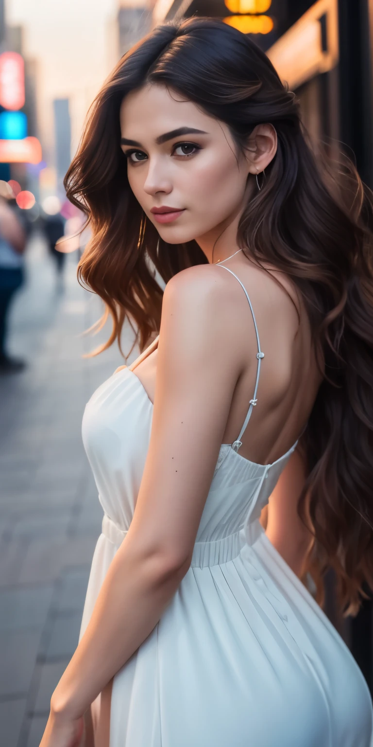 Full face portrait photo of a 25-year-old European girl, RAW, beautiful woman, semi-open strawberry lips, dimples, wistful look, (extra long wavy brown hair), ((detailed face)), ((detailed facial features)), (finely detailed skin), pale skin, (deep neckline detailed dress), new york city environment, (cool colors), reflections, (masterpiece) (perfect proportion)(realistic photo)(best quality) (detailed) shot on a Canon EOS R5, 50mm lens, F/2.8, HDR, (8k) (wallpaper) (cinematic lighting) (dramatic lighting) (sharp focus) (intricate),RAW photo, posing for camera, 8k uhd, dslr, high quality, grain film, Fujifilm XT3