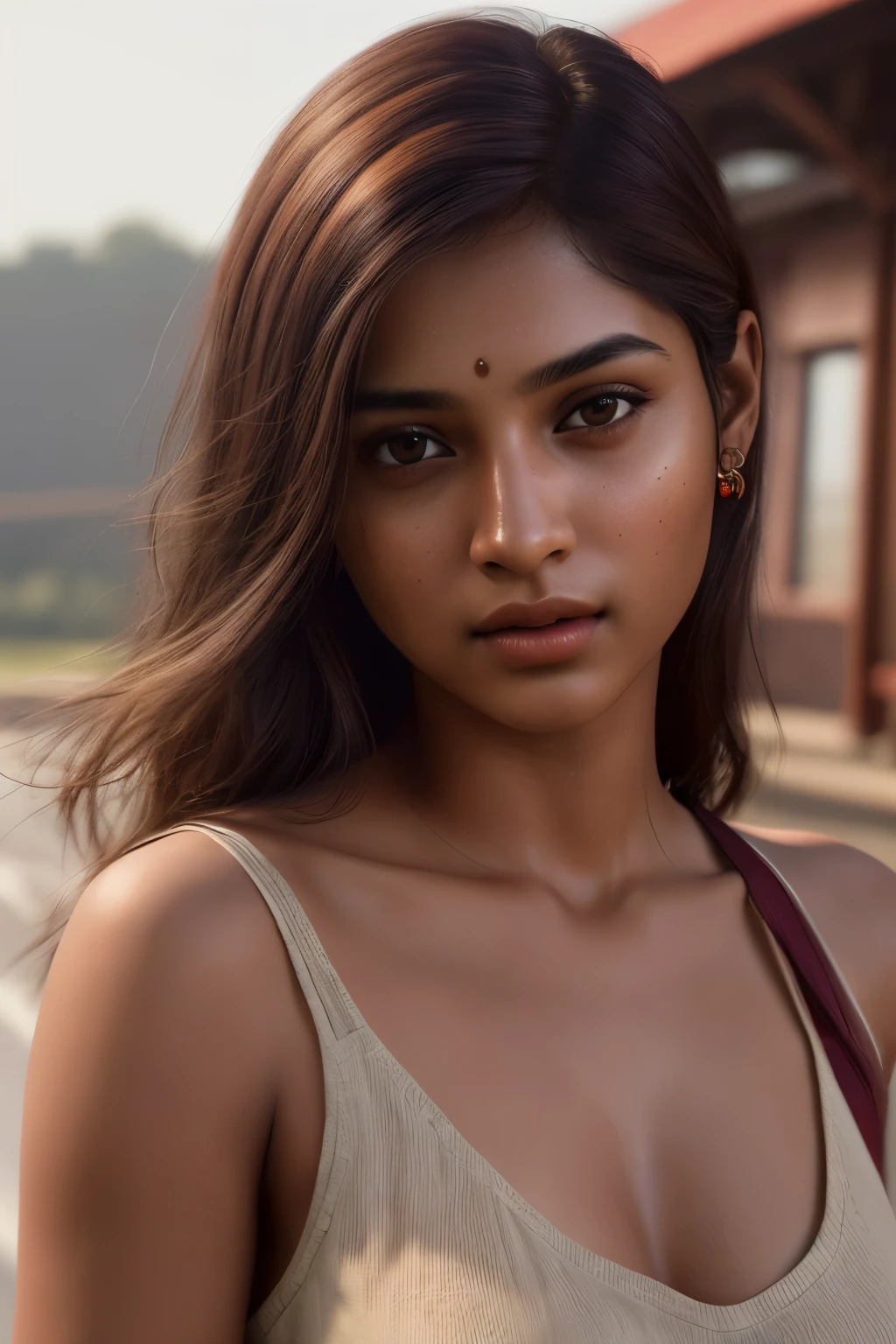 young Indian girl, 26-year-old, red top, gentle lighting, intricate facial details, flawless complexion, top-notch 3D rendering, hyper-realistic, shot on Indian road. photorealistic digital art trending on Artstation 8k HD high definition detailed realistic, detailed, skin texture, hyper detailed, realistic skin texture, armature, best quality, ultra high res, (photorealistic:1.4),, high resolution, detailed, raw photo, 400 camera f1.6 lens rich colors hyper realistic lifelike texture dramatic lighting unrealengine trending on artstation cinestill 800