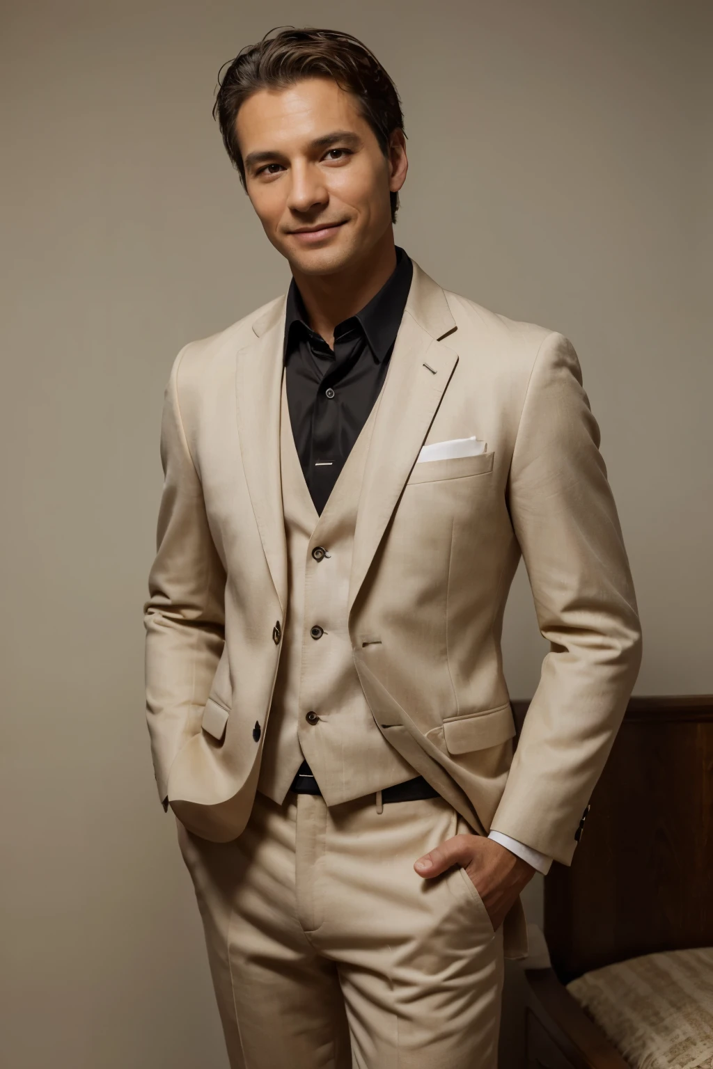 High quality, high definition, high resolution, 8k portrait, very detailed skin, 40 years old, boy, wheat-colored skin, looking at camera, black suit, white shirt, portrait, standing, smile