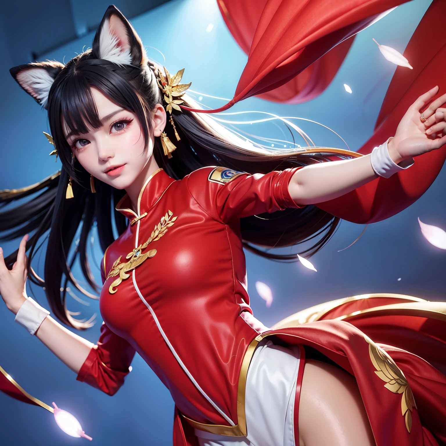 The girl with big, expressive fox eyes and oversized bat-like ears is dancing adorably in a Chinese gymnastics uniform. Her bright, round eyes are filled with excitement and enthusiasm as she gracefully moves in time with the lively music. Her ears, adorned with traditional Chinese earrings, flit back and forth, adding a playful touch to her performance. She wears a vibrant, fitted uniform consisting of a bright red top and matching bottoms, displaying her toned and flexible physique. With each movement, her uniform lightly shimmers under the warm, shining lights, adding elegance and magic to the scene. This dynamic and captivating image is presented in the highest