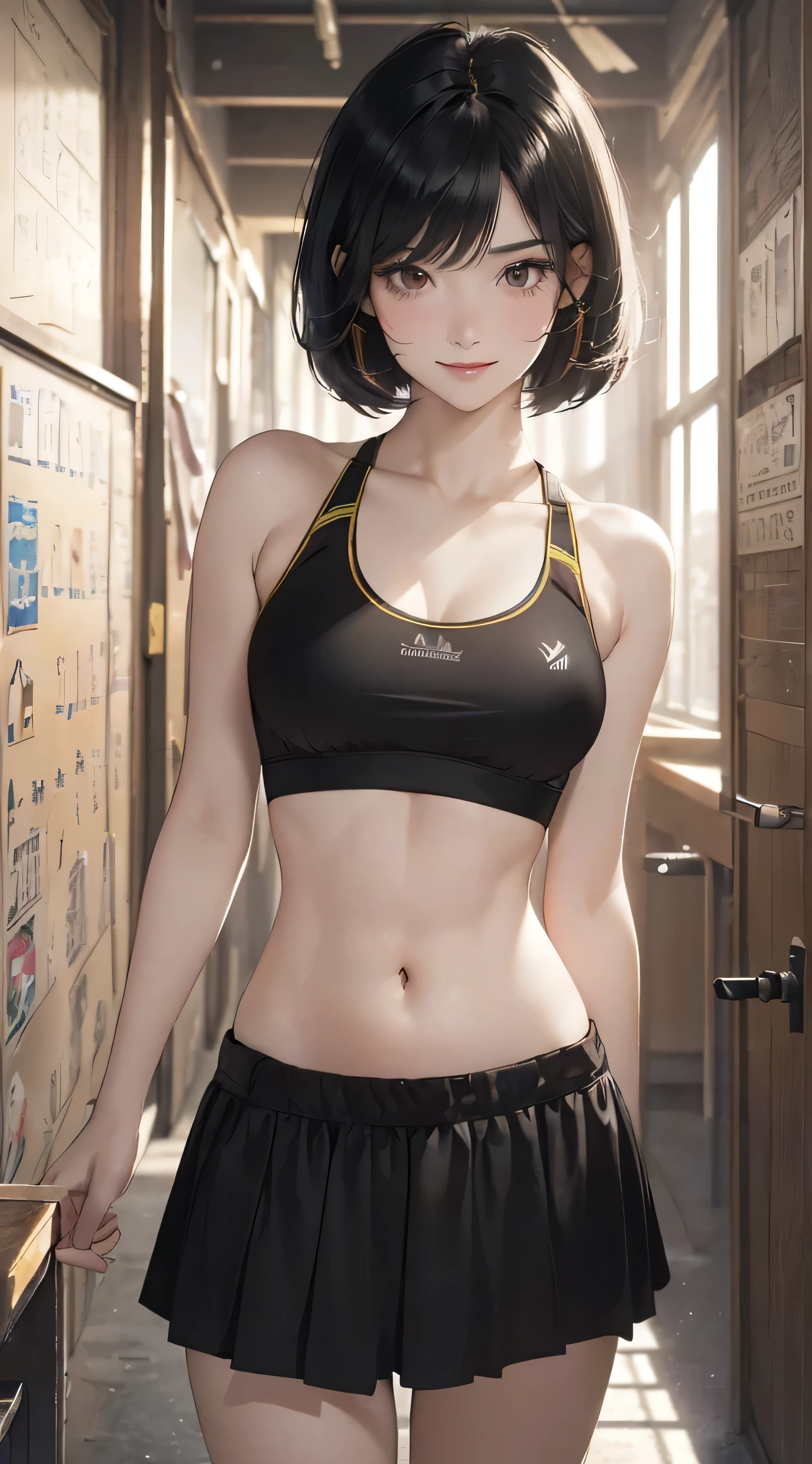 (((Highly detailed CG unit 8k wallpaper:1.2, masterpiece, High resolution:1.2, highest quality:1.2, table top))), ((very beautiful woman, A sports bra that makes your belly button look beautiful:1.5)), ((highly detailed face, Highly detailed black eyes, extra detailed body, highest qualityのリアルテクスチャスキン)), (black haired:1.2, short bob hair:1.2, white skin, smile), ((Alley without people, Mileland, school classroom:1.2)), (high angle:1.2, close, Fisheye:1.2), surreal, digital paint,