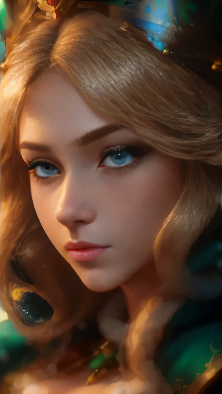 beautiful portrait of the empress, blonde hair, Perfect Blue eyes, With brilliant, It is impossible to hit a large Christmas headdress, clothing santa robes, all Christmas, snow, symmetric, Dramatic studio lighting, rococo, baroque, greens, Asiatic, Hyperrealism, Close-up, d&d, Fantasy, difficult, elegant, very detailed, Digital painting, art station, octane number, 8K, Conceptual art, matte, Sharp Focus