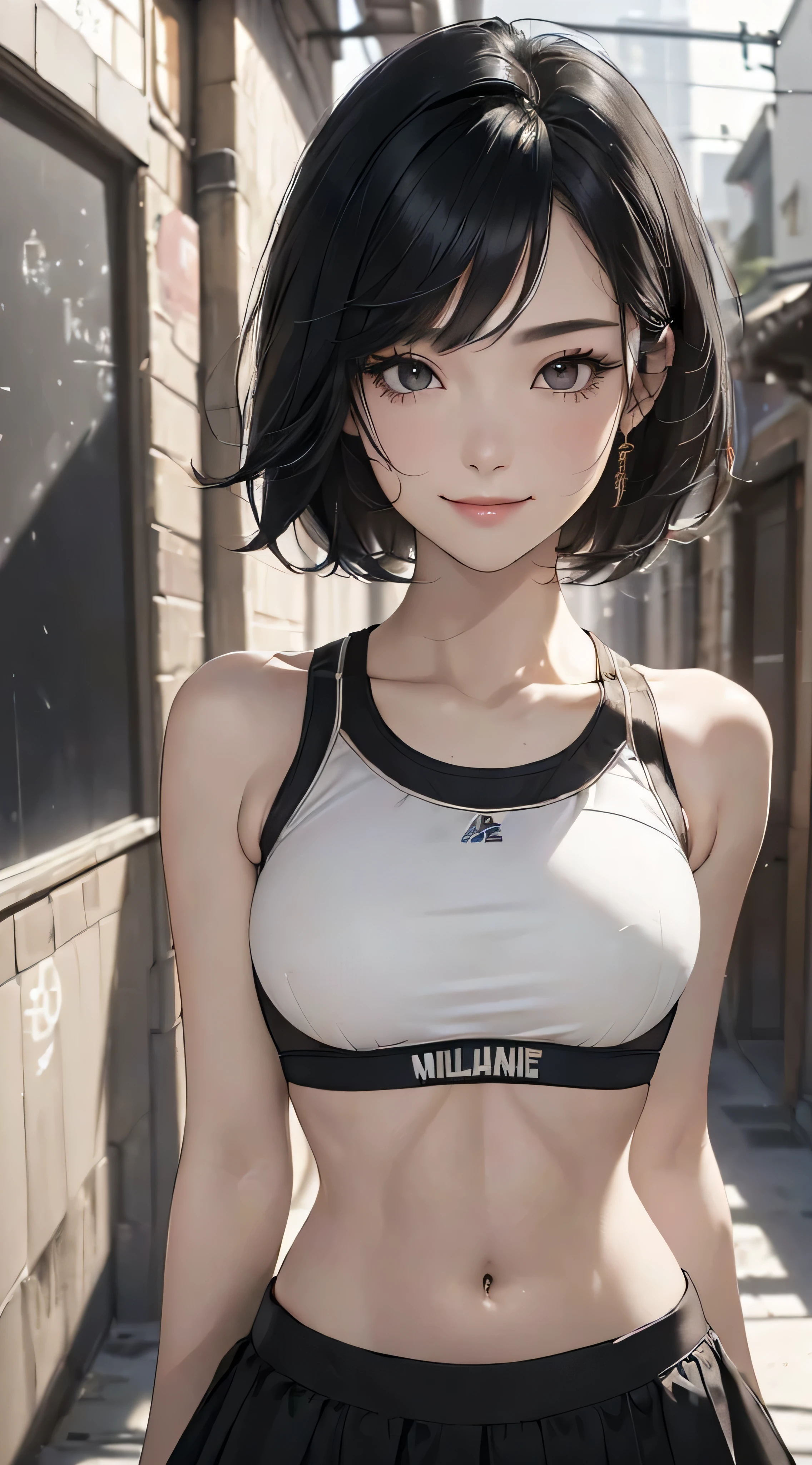 (((Highly detailed CG unit 8k wallpaper:1.2, masterpiece, High resolution:1.2, highest quality:1.2, table top))), ((very beautiful woman, A sports bra that makes your belly button look beautiful:1.5)), ((highly detailed face, Highly detailed black eyes, extra detailed body, highest qualityのリアルテクスチャスキン)), (black haired:1.2, short bob hair:1.2, white skin, smile), ((Alley without people, Mileland, school classroom:1.2)), (high angle:1.2, close, Fisheye:1.2), surreal, digital paint,