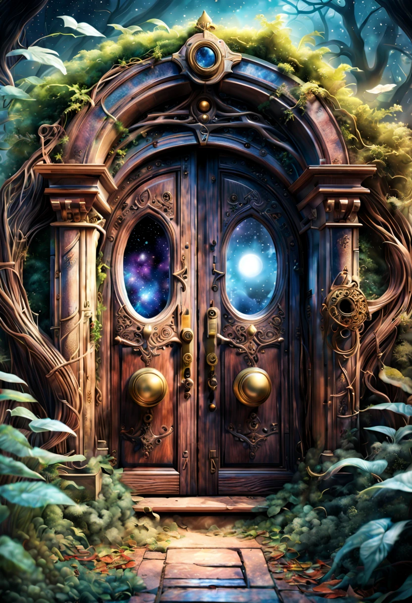 a forgotten door of time and space,old wooden door with intricate carvings,aged brass doorknob and keyhole,dusty and cobweb-covered entrance,hints of mysterious glow peeking from behind the door,dreamlike atmosphere,tangled vines and foliage around the door,magic symbols engraved on the doorframe,whispering winds carrying whispers of forgotten secrets,eerie silence and anticipation,otherworldly colors and lighting,vintage and antique aesthetic,imagination that transports to different dimensions,mystical and mythical creatures lurking beyond the door,ancient and unexplored realms waiting to be discovered,lost memories and forgotten stories,portal to various time periods and universes,enchanted portal hidden in a dense forest,curiosity and adventure,transcendence of time and space,aura of wonder and mystery.(best quality,4k,8k,highres,masterpiece:1.2),ultra-detailed,(realistic,photorealistic,photo-realistic:1.37),HDR,UHD,studio lighting,ultra-fine painting,sharp focus,physically-based rendering,extreme detail description,professional,vivid colors,bokeh,concept artists