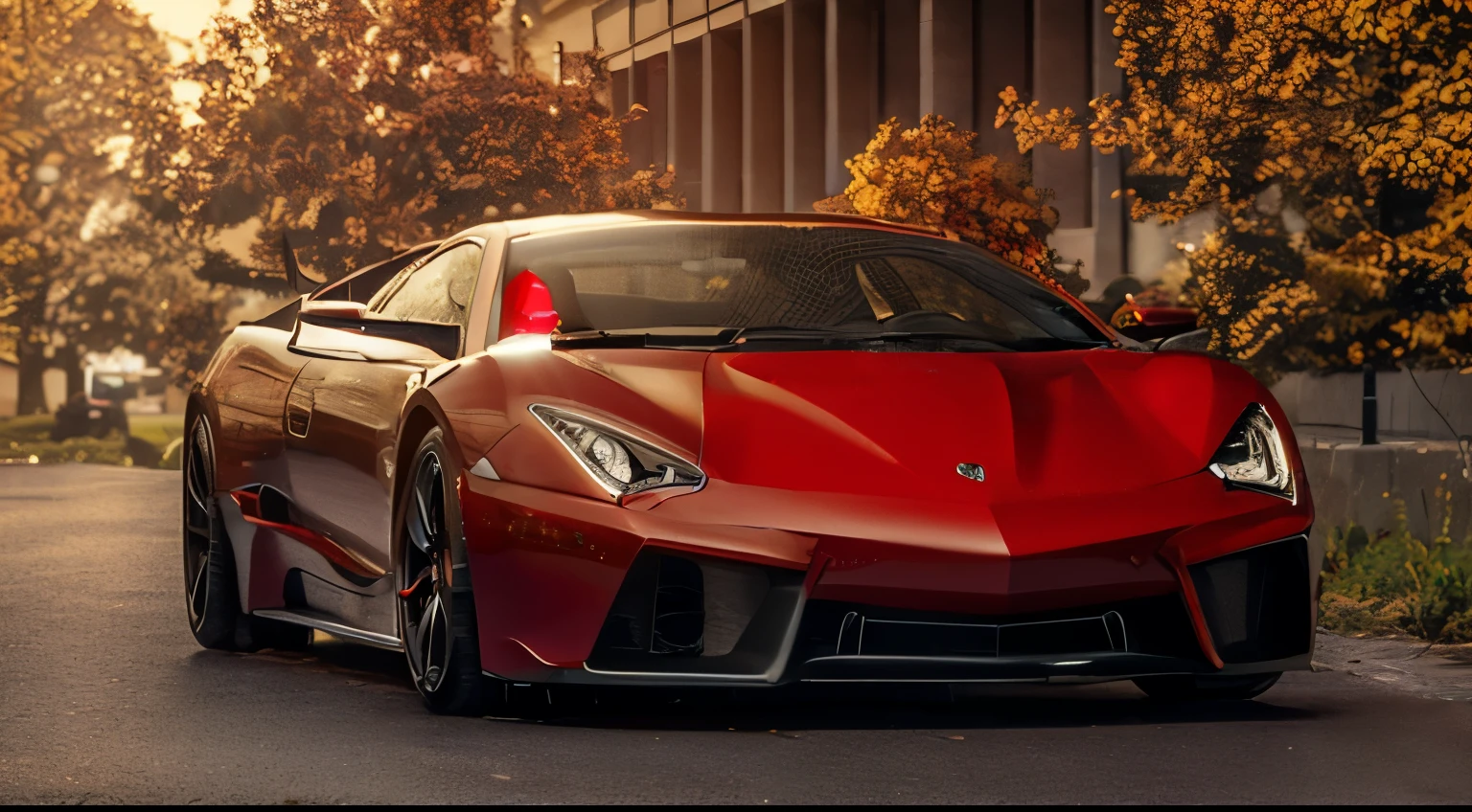 photographic, realistic, realism, cinematic photo, beautiful, (masterpiece:1.2), (best quality:1.2), perfect lighting, pov, red sports car in the street, day time, wet weather, foreshortening, depth, colorful, 35mm photograph, film, bokeh, award-winning, professional, highly detailed, 8k, highly detailed