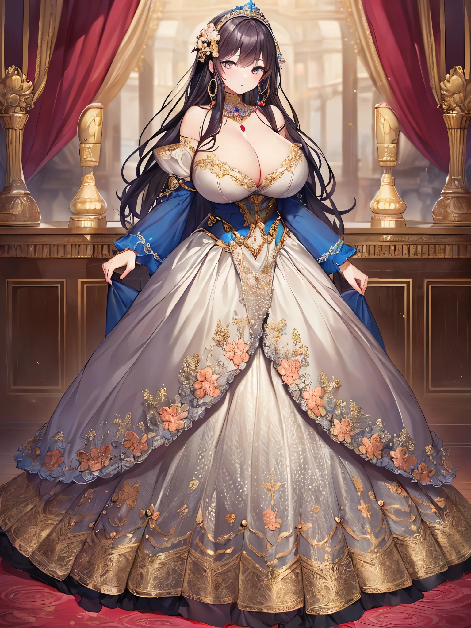 anime artstyle,Masterpiece,Best Quality,Super Detail,((Very Delicate and Beautiful)),(((1 plump princess in beautiful embroidery and jeweled gorgeous rococo ballgown with voluminous hoop skirt))),((Solo)),Standing,elegant pose,((full body)),(((very gigantic breasts,very gigantic breasts,sagging breasts,skindentation))),cleavage,detailed face and eyes,jewel-like eyes,((extremely voluminous straight Hair,Extremely Long Straight Hair)),((gorgeousfull embroidery and lace,beautiful embroidery and jeweled)),Gorgeous Gemstone Jewelry,gorgeous corsage,gorgeous hair ornament,((glitter jeweled gorgeous big tiara)),((full body)),((beautiful embroidery and jeweled gorgeous rococo ballgown with voluminous hoop skirt)),(crinoline),((Standing in gorgeous palace)),Looking at viewer,(((beautiful embroidery and jeweled gorgeous rococo ballgown with voluminous hoop skirt))),full body,