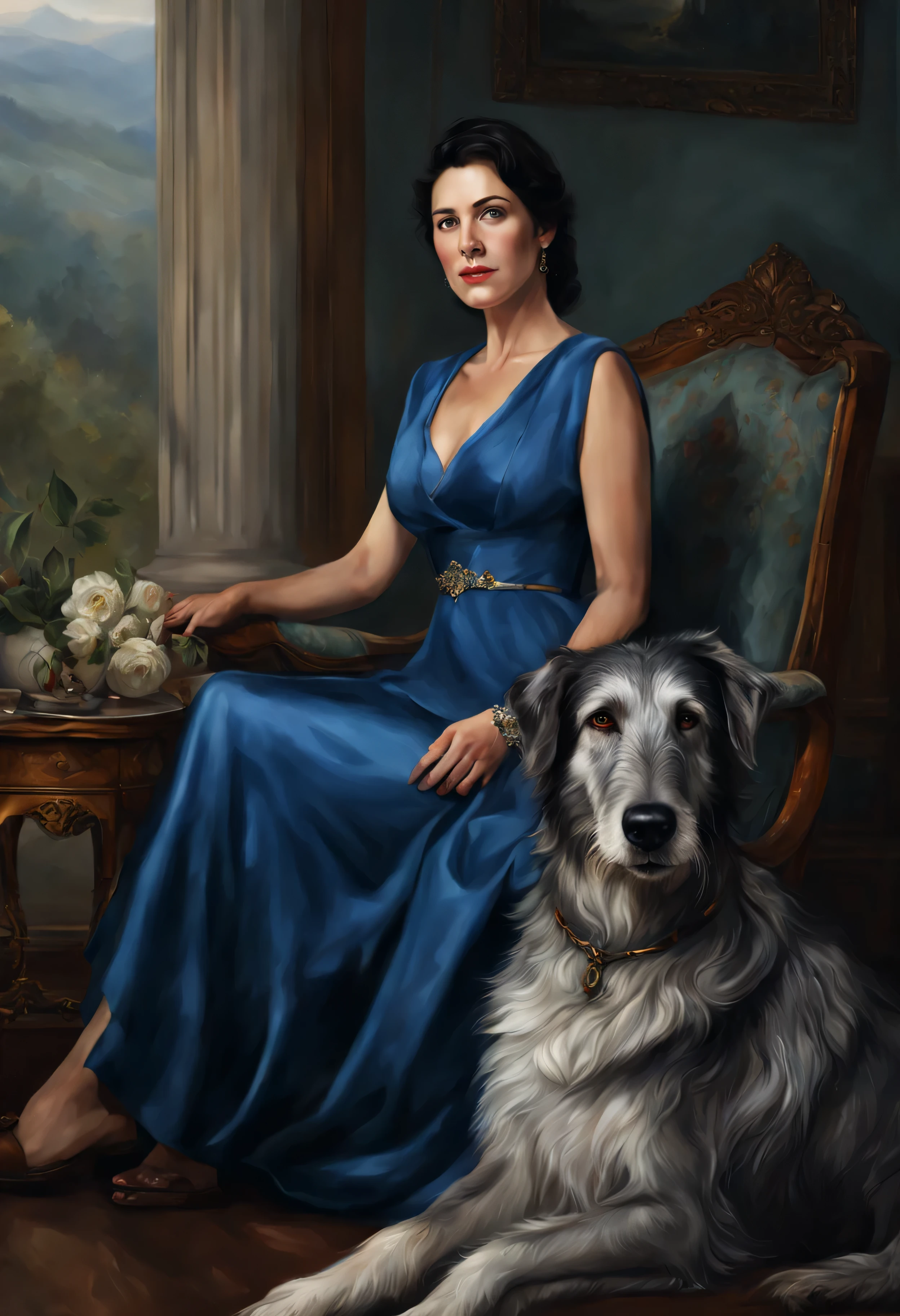 Photorealistic portrait of a woman 50 years old.., With lush breasts, short black hair, in a blue dress, sitting in the armchair, a huge wolfhound sits next to her, masterpiece! Portrait of Arwen, elegant portrait, royal portrait painting, Digital painting, royal portrait, Digital painting, Digital painting, Digital painting of Arwen.