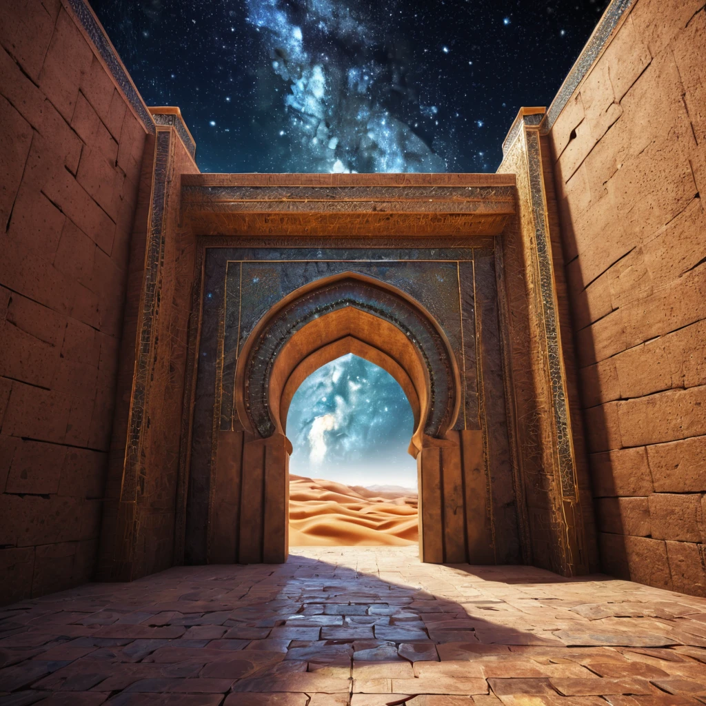 forgotten gateway of time and space, morocco, magical, starry sky, magical flashes coming from the gateway of the future and the past, ancestral morocco, technological, 3d crackle, we can see the a sunny day through the ancestral gateway,