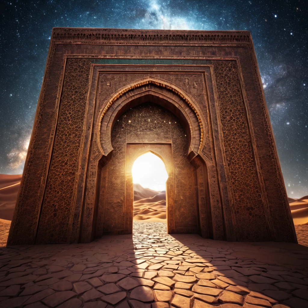 forgotten gateway of time and space, morocco, magical, starry sky, magical flashes coming from the gateway of the future and the past, ancestral morocco, technological, 3d crackle, we can see the a sunny day through the ancestral gateway,