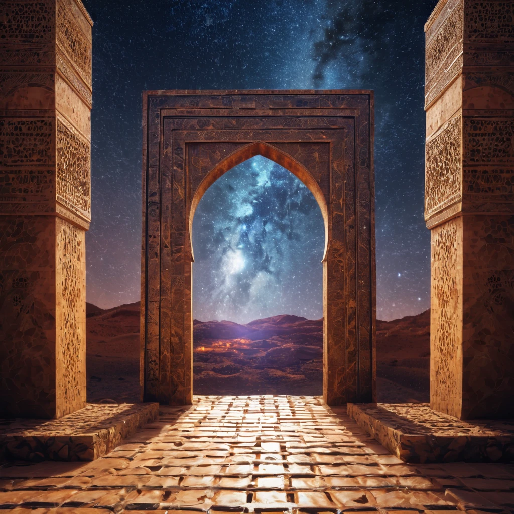 forgotten gateway of time and space, morocco, magical, starry sky, magical flashes coming from the gateway of the future and the past, ancestral morocco, technological, 3d crackle, we can see the a sunny day through the ancestral gateway,