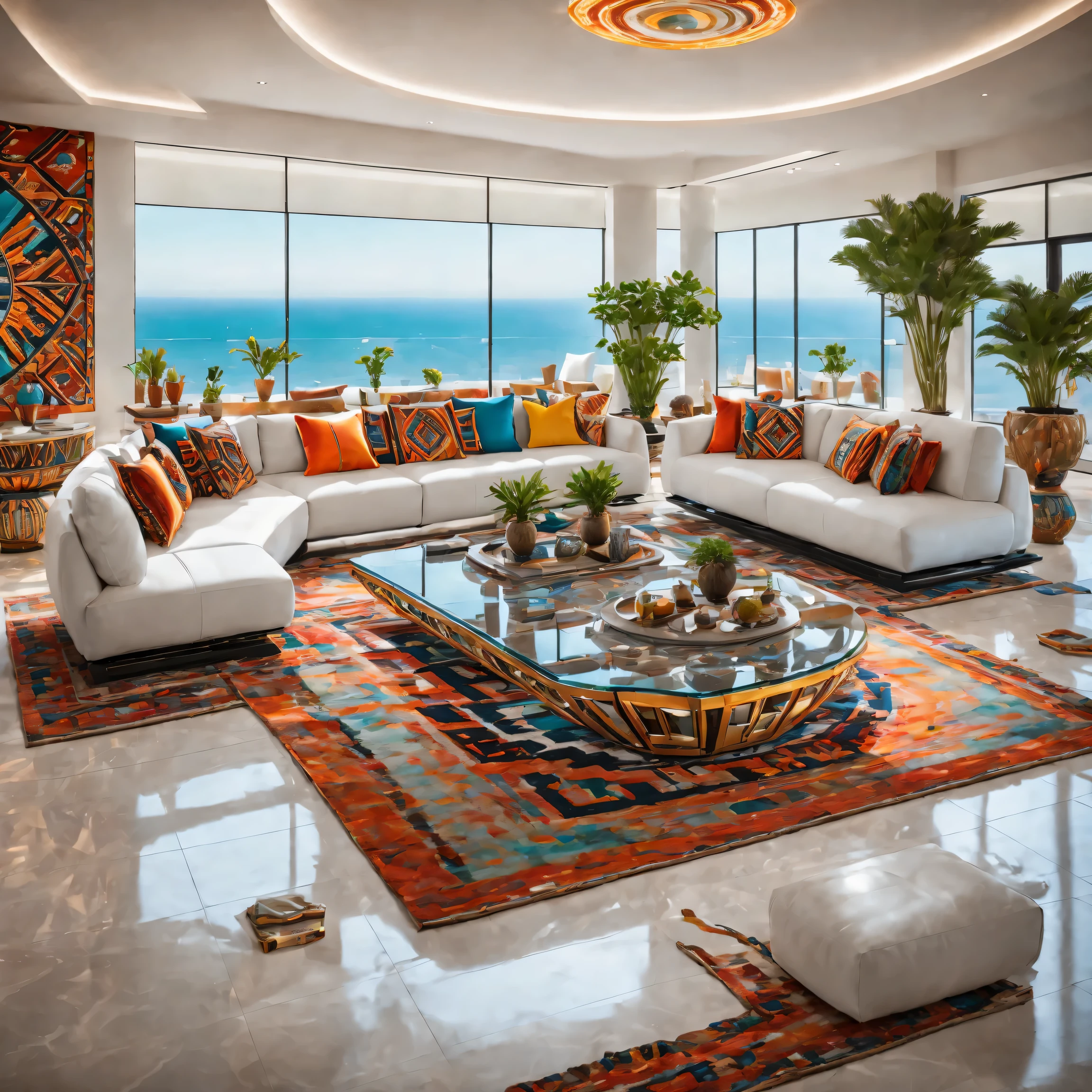 full of lights,luxurious,futuristic living room in tribal style,Modern décor,bright colors,Geometric patterns,and stylish furniture,Central glass coffee table with metal accents, 周围是luxurious的白色沙发,Metal walls decorated with tribal patterns, ambientlighting, Navajo rug,Floor-to-ceiling windows offer panoramic ocean views..,Emphasis on the contrast between traditional tribal elements and modern technological advancements，open concept living space,The room is spacious and airy,Floor mirrors,elegant marble floor,cascading indoor plants,Smart home technology,Artificial intelligence assistant,theater system,Modern art installation,abstract paintings,An eye-catching color palette,A mix of warm and cool colors,Dynamic lighting effects,ambientlighting.(best quality,4K,high resolution,masterpiece:1.2),super detailed,(actual,photoactual,photo-actual:1.37)