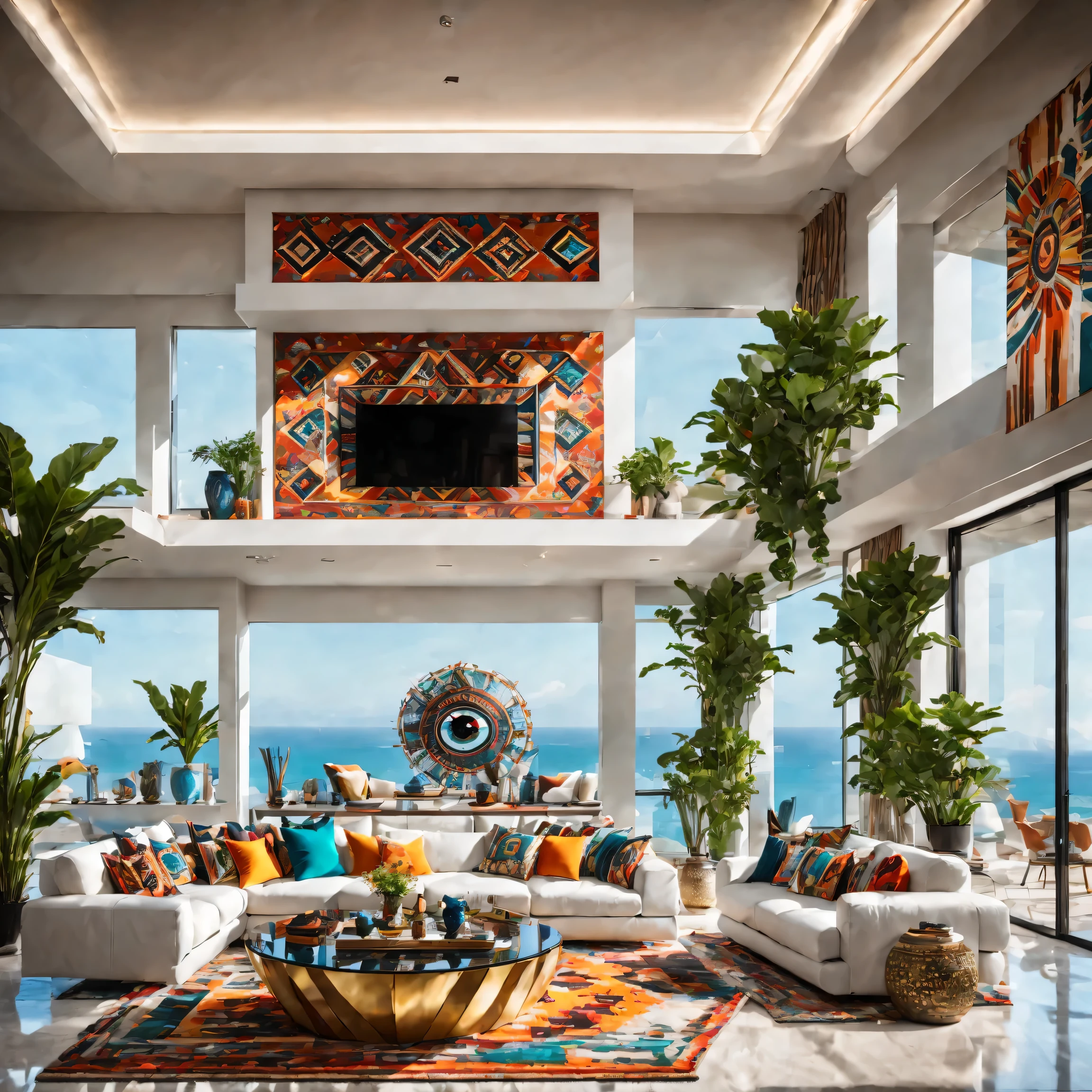 full of lights,luxurious,futuristic living room in tribal style,Modern décor,bright colors,Geometric patterns,and stylish furniture,Central glass coffee table with metal accents, 周围是luxurious的白色沙发,Metal walls decorated with tribal patterns, ambientlighting, Navajo rug,Floor-to-ceiling windows offer panoramic ocean views..,Emphasis on the contrast between traditional tribal elements and modern technological advancements，open concept living space,The room is spacious and airy,Floor mirrors,elegant marble floor,cascading indoor plants,Smart home technology,Artificial intelligence assistant,theater system,Modern art installation,abstract paintings,An eye-catching color palette,A mix of warm and cool colors,Dynamic lighting effects,ambientlighting.(best quality,4K,high resolution,masterpiece:1.2),super detailed,(actual,photoactual,photo-actual:1.37)