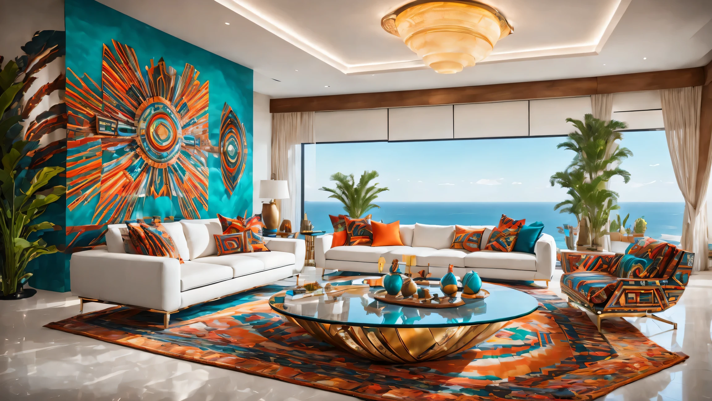 full of lights,luxurious,futuristic living room in tribal style,Modern décor,bright colors,Geometric patterns,and stylish furniture,Central glass coffee table with metal accents, 周围是luxurious的白色沙发,Metal walls decorated with tribal patterns, ambientlighting, Navajo rug,Floor-to-ceiling windows offer panoramic ocean views..,Emphasis on the contrast between traditional tribal elements and modern technological advancements，open concept living space,The room is spacious and airy,Floor mirrors,elegant marble floor,cascading indoor plants,Smart home technology,Artificial intelligence assistant,theater system,Modern art installation,abstract paintings,An eye-catching color palette,A mix of warm and cool colors,Dynamic lighting effects,ambientlighting.(best quality,4K,high resolution,masterpiece:1.2),super detailed,(actual,photoactual,photo-actual:1.37)