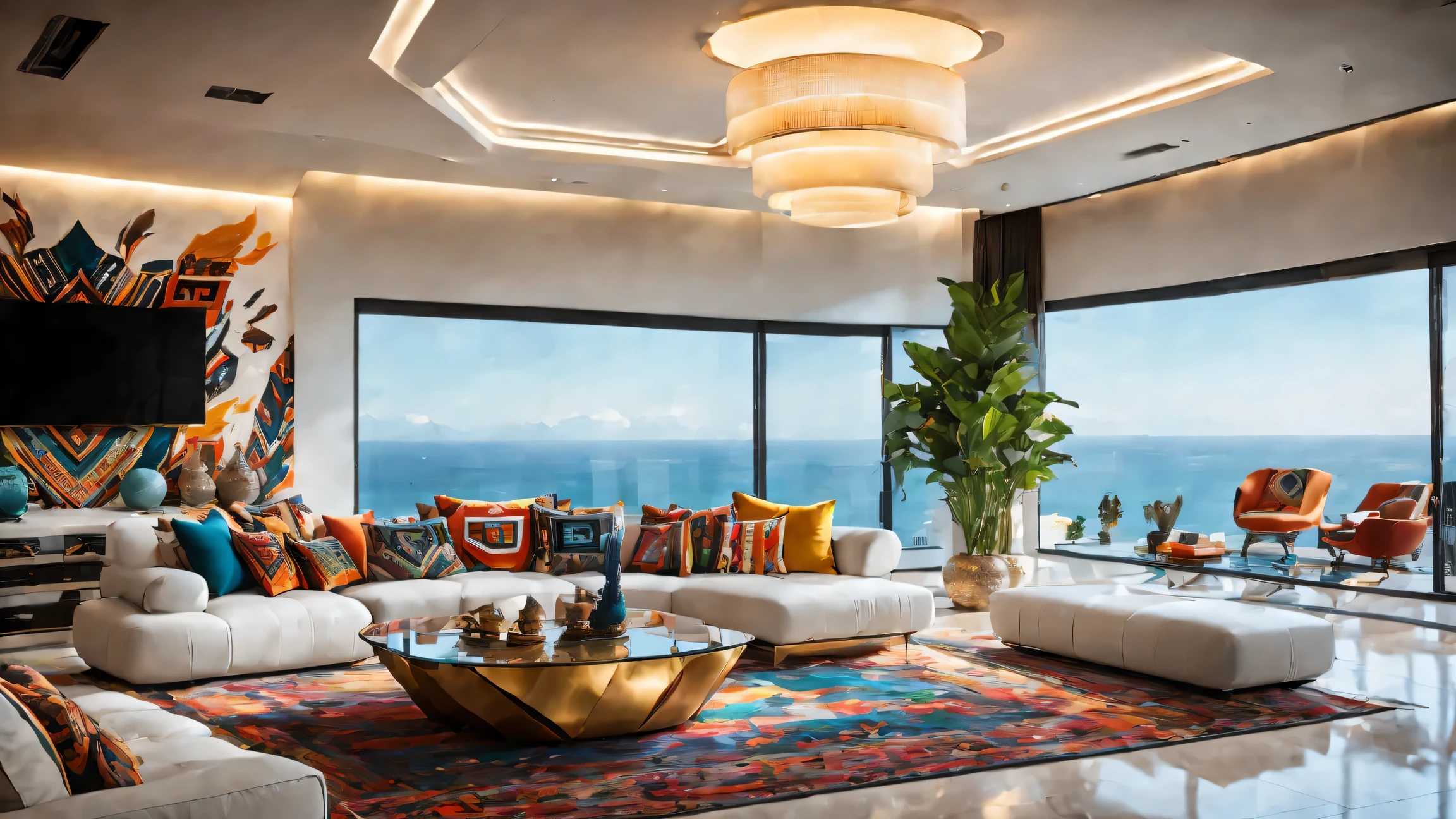 full of lights,luxurious,futuristic living room in tribal style,Modern décor,bright colors,Geometric patterns,and stylish furniture,Central glass coffee table with metal accents, 周围是luxurious的白色沙发,Metal walls decorated with tribal patterns, ambientlighting, Navajo rug,Floor-to-ceiling windows offer panoramic ocean views..,Emphasis on the contrast between traditional tribal elements and modern technological advancements，open concept living space,The room is spacious and airy,Floor mirrors,elegant marble floor,cascading indoor plants,Smart home technology,Artificial intelligence assistant,theater system,Modern art installation,abstract paintings,An eye-catching color palette,A mix of warm and cool colors,Dynamic lighting effects,ambientlighting.(best quality,4K,high resolution,masterpiece:1.2),super detailed,(actual,photoactual,photo-actual:1.37)