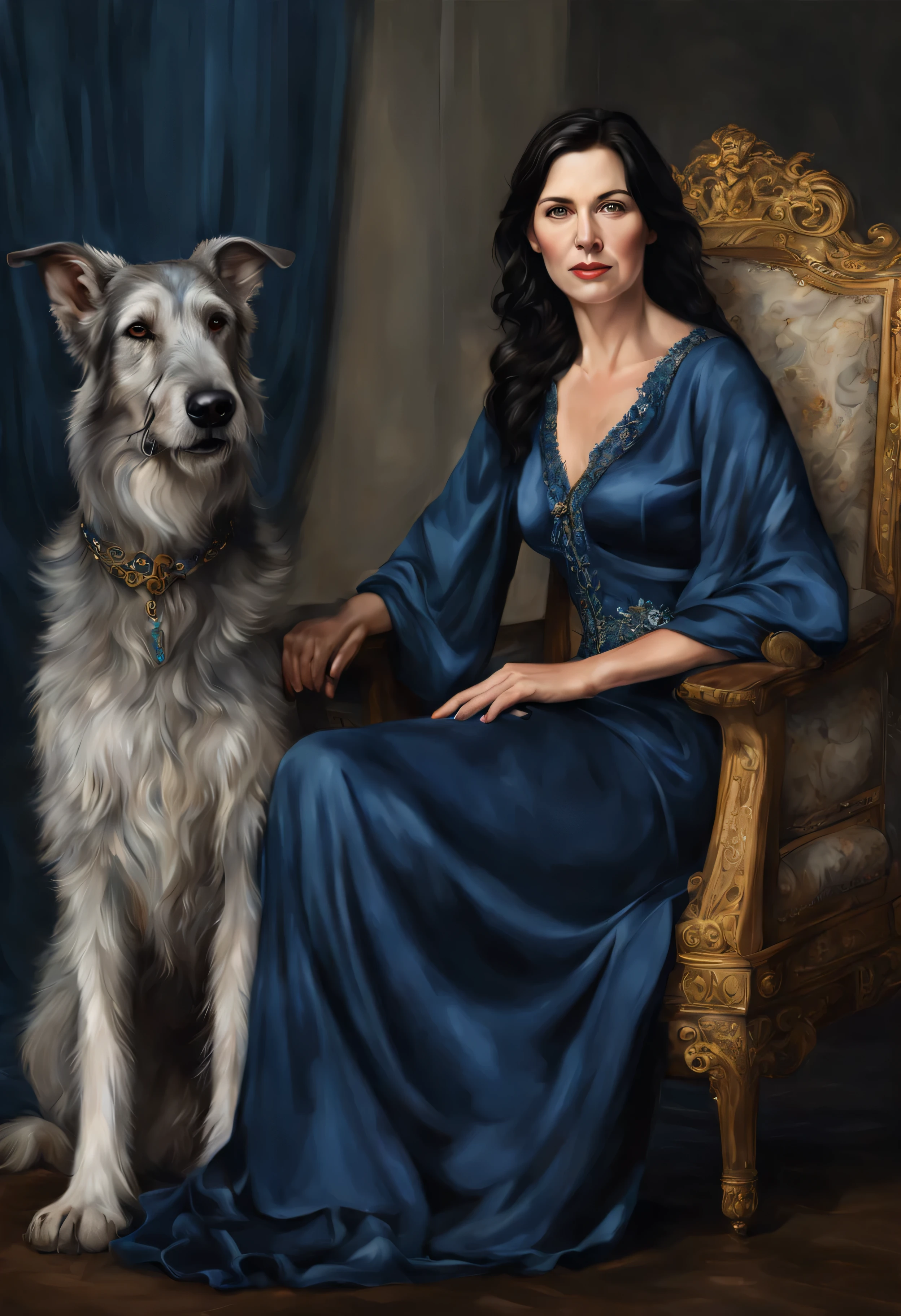 Photorealistic portrait of a woman 50 years old.., With lush breasts, short black hair, in a blue dress, sitting in the armchair, a huge wolfhound sits next to her, masterpiece! Portrait of Arwen, elegant portrait, royal portrait painting, Digital painting, royal portrait, Digital painting, Digital painting, Digital painting of Arwen.