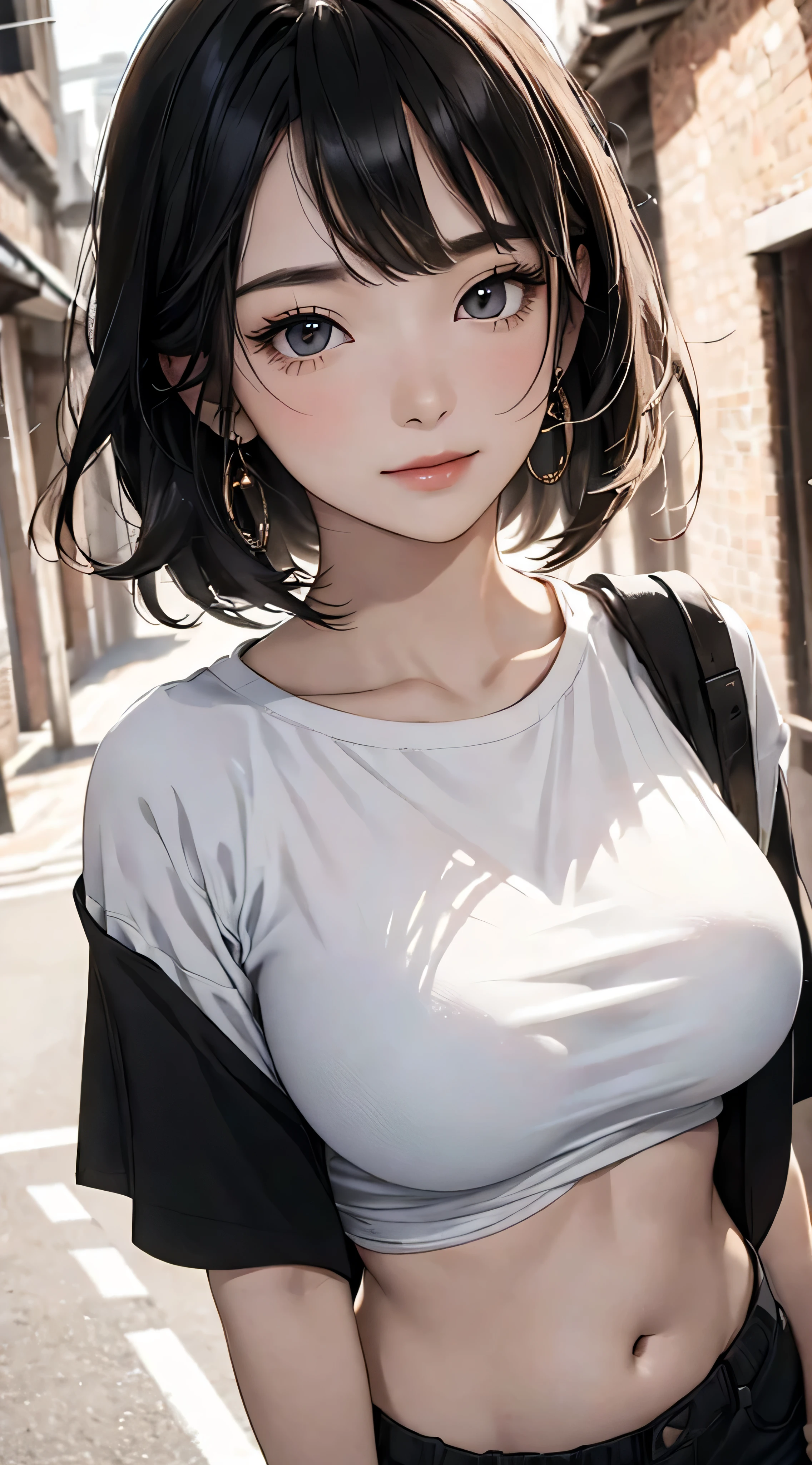 (((Highly detailed CG unit 8k wallpaper:1.2, masterpiece, High resolution:1.2, highest quality:1.2, table top))), ((very beautiful woman, bust 90, Short T-shirt that shows your belly button:1.5)), ((highly detailed face, Highly detailed black eyes, extra detailed body, highest qualityのリアルテクスチャスキン)), (black haired:1.2, short bob hair:1.2, white skin, smile), ((Alley without people, Mileland, Desolate battlefield:1.2)), (high angle:1.2, close, Fisheye:1.4), surreal, digital paint,