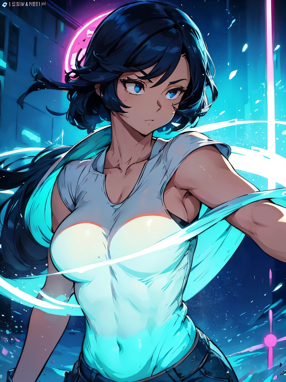 Imagem de perfil colorida de uma personagem feminina em um estilo de anime. It has distinct characteristics from the anime Oshi no Ko. A cena se passa em uma cidade futurista com luzes neon. The atmosphere is exciting and adventurous. The camera settings are a digital camera with a low ISO setting. The lens is a zoom lens with a medium aperture. The character design is inspired by the Japanese illustrator and animator, Akiko Stehrenberger, e fotografado por Makoto Shinkai, o diretor de Seu Nome;